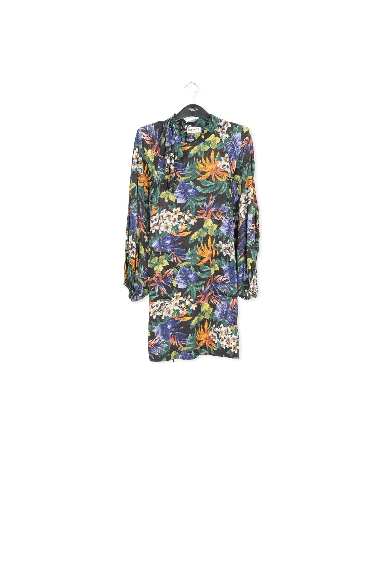 Black floral-print mini dress with pussy-bow RE—SSENTIEL | Essentiel second hand