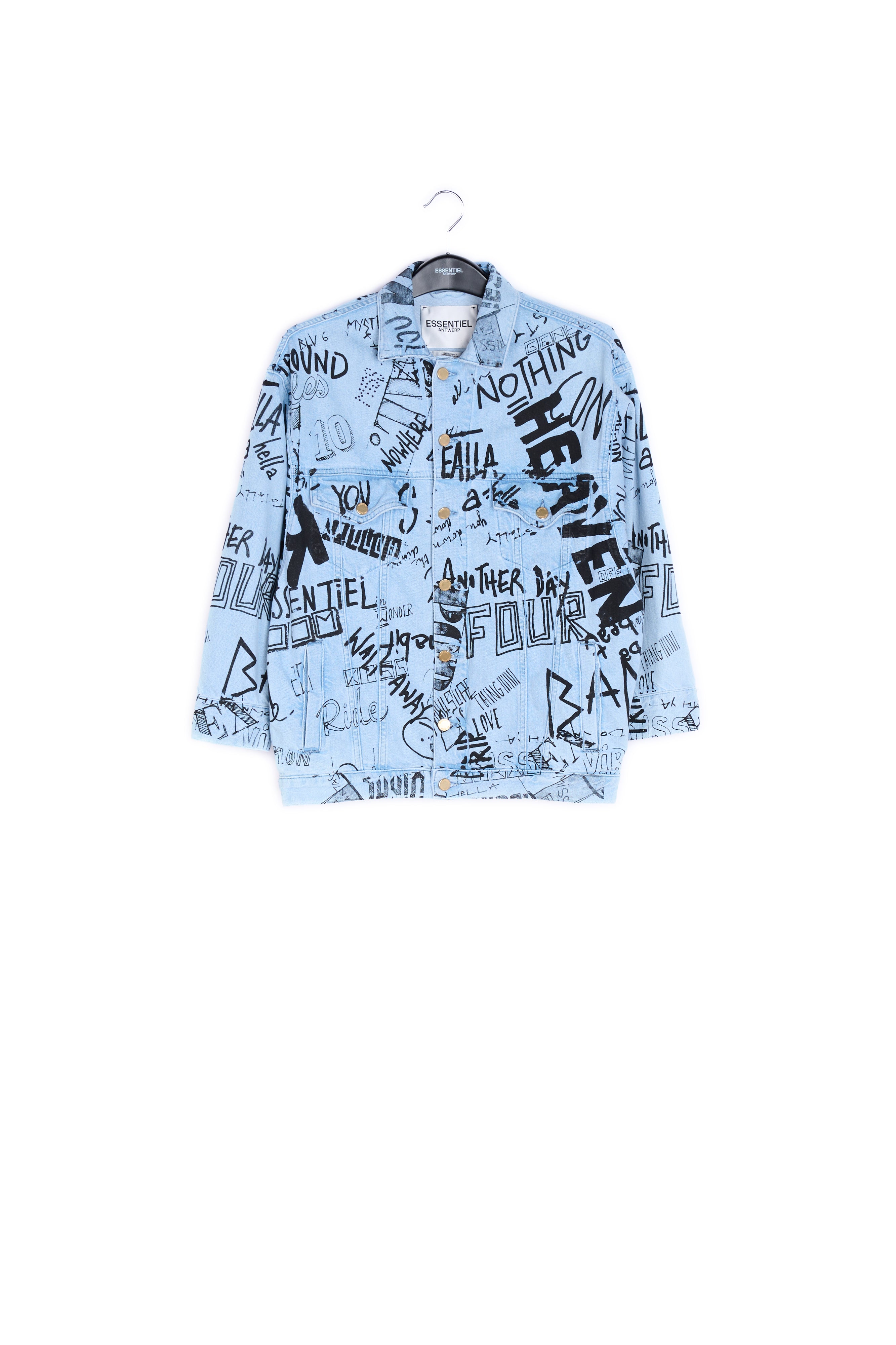 Light blue graffiti-print oversized denim jacket RE—SSENTIEL | Essentiel second hand
