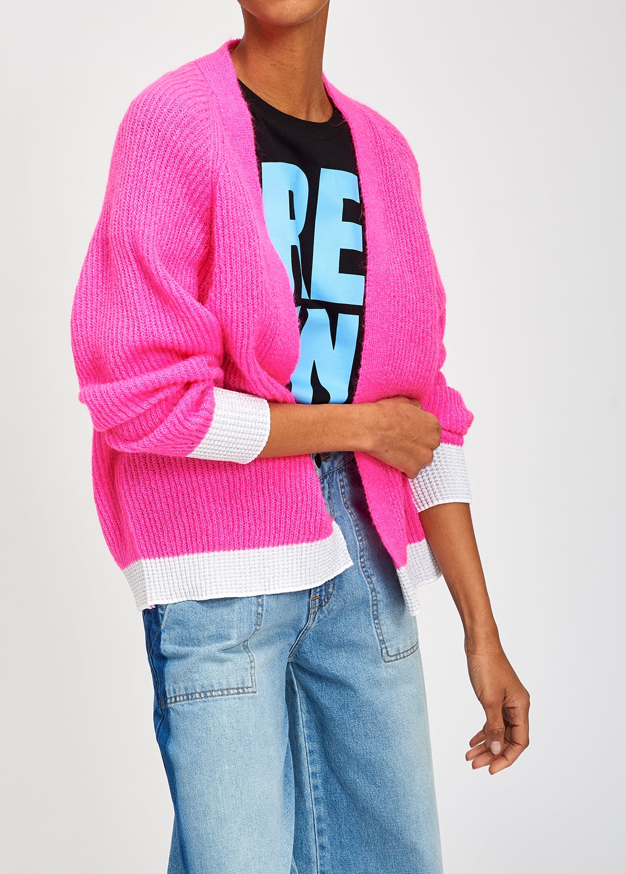 Fuchsia ribbed open cardigan with accentuated trims RE—SSENTIEL | Essentiel second hand