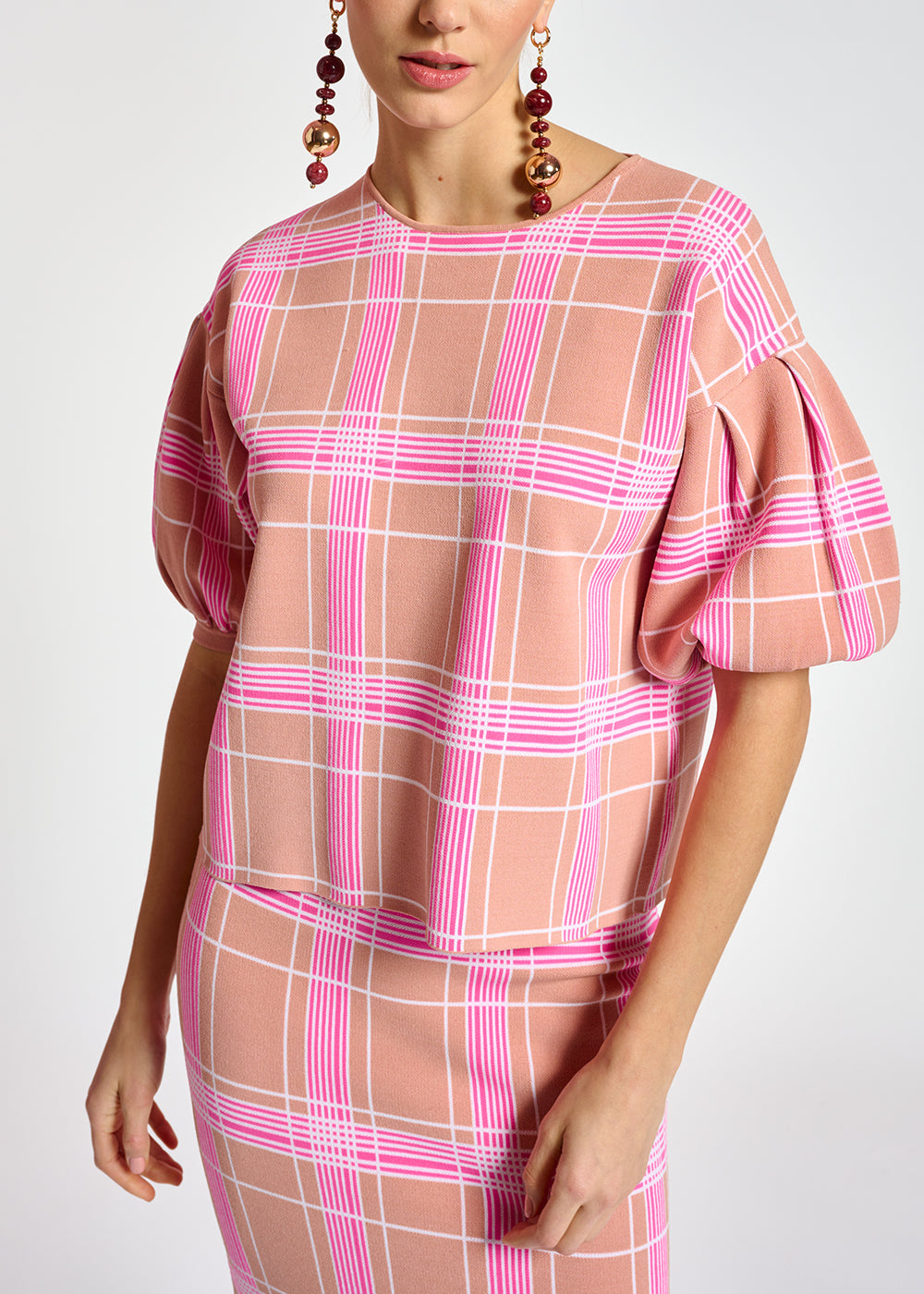 Vintage pink puffed sleeve knitted top with check motif RE—SSENTIEL | Essentiel second hand