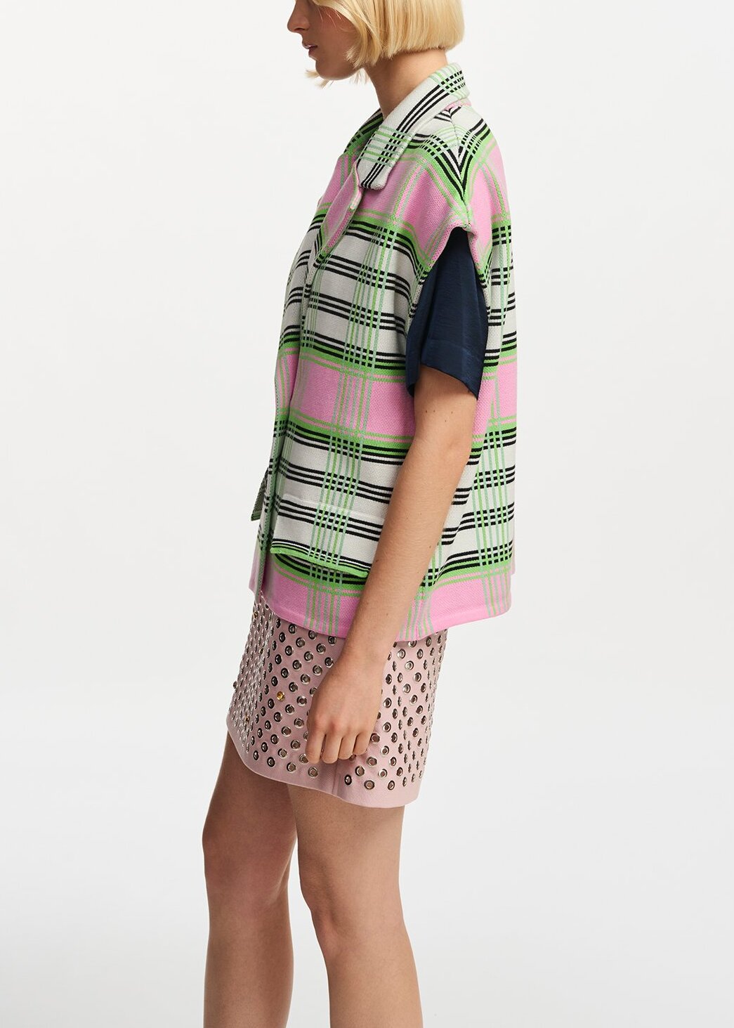 Off-white, pink and green checked sleeveless cardigan RE—SSENTIEL | Essentiel second hand