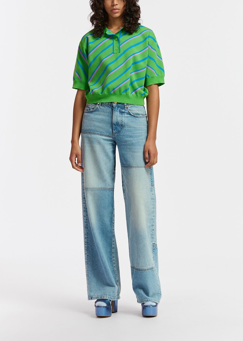 Green, blue and lilac striped knitted polo top RE—SSENTIEL | Essentiel second hand