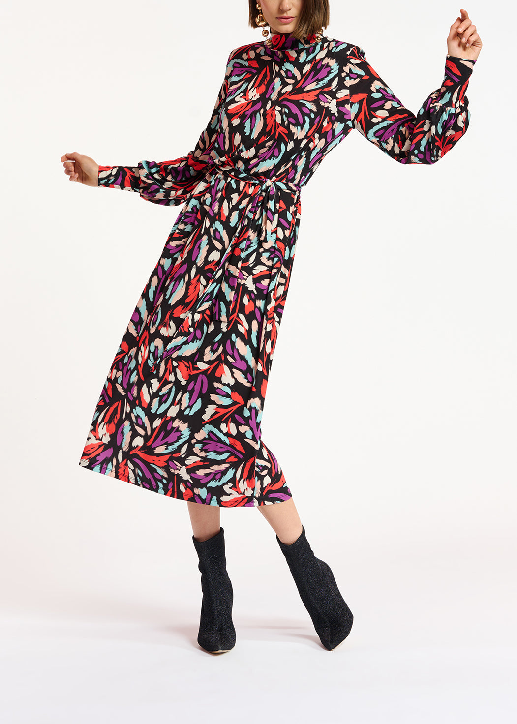 Midi-jurk in zwart, geel en lila stretch jersey RE—SSENTIEL | Essentiel second hand