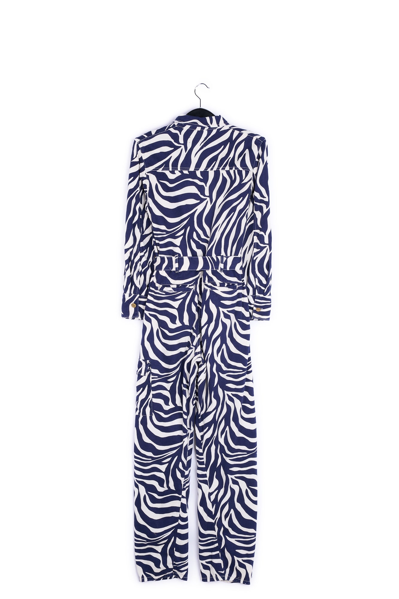 Off-white and navy blue zebra-print denim jumpsuit RE—SSENTIEL | Essentiel second hand