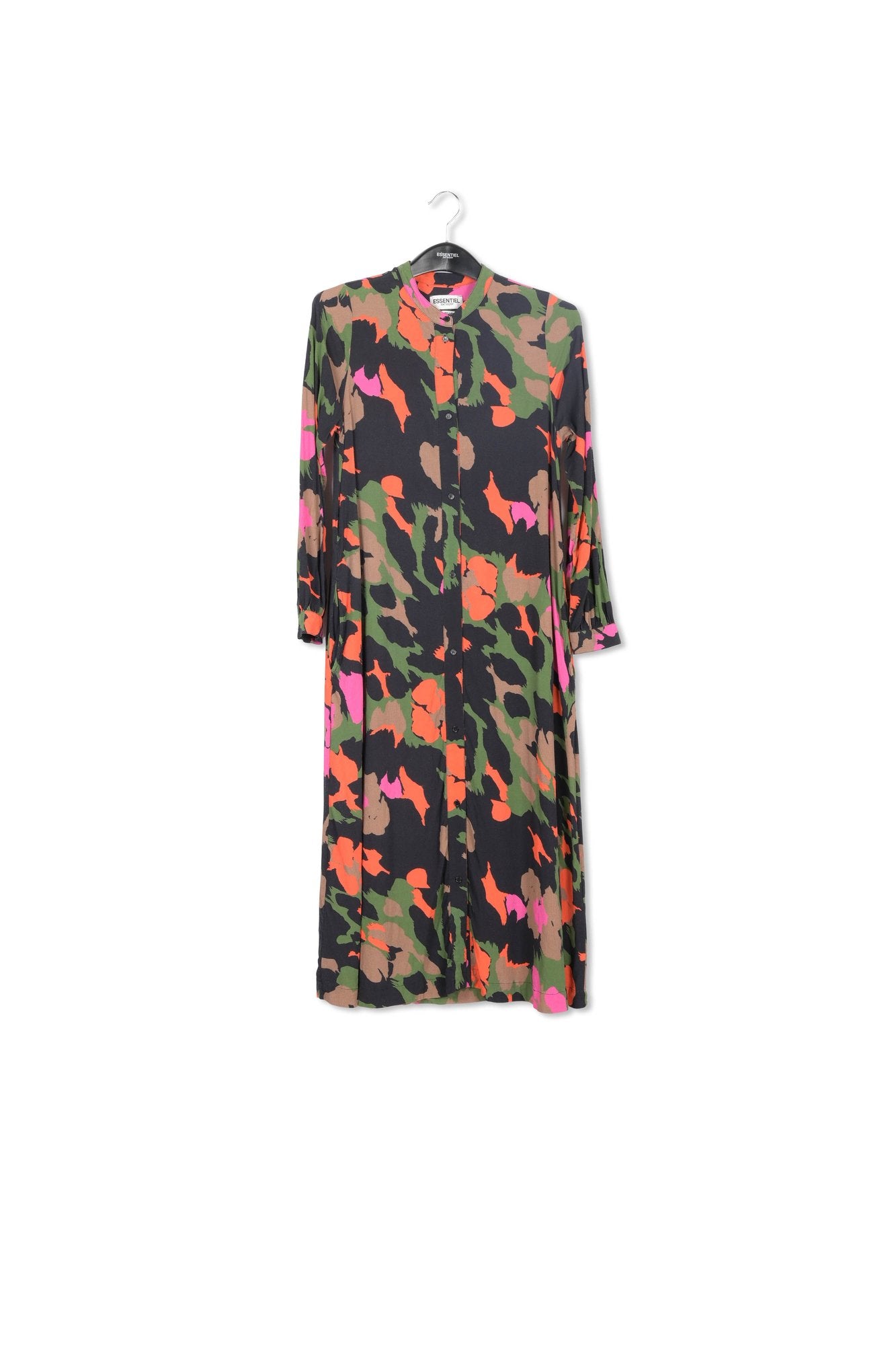 Robe chemise midi à  imprimé abstrait noir, brun et orange RE—SSENTIEL | Essentiel second hand