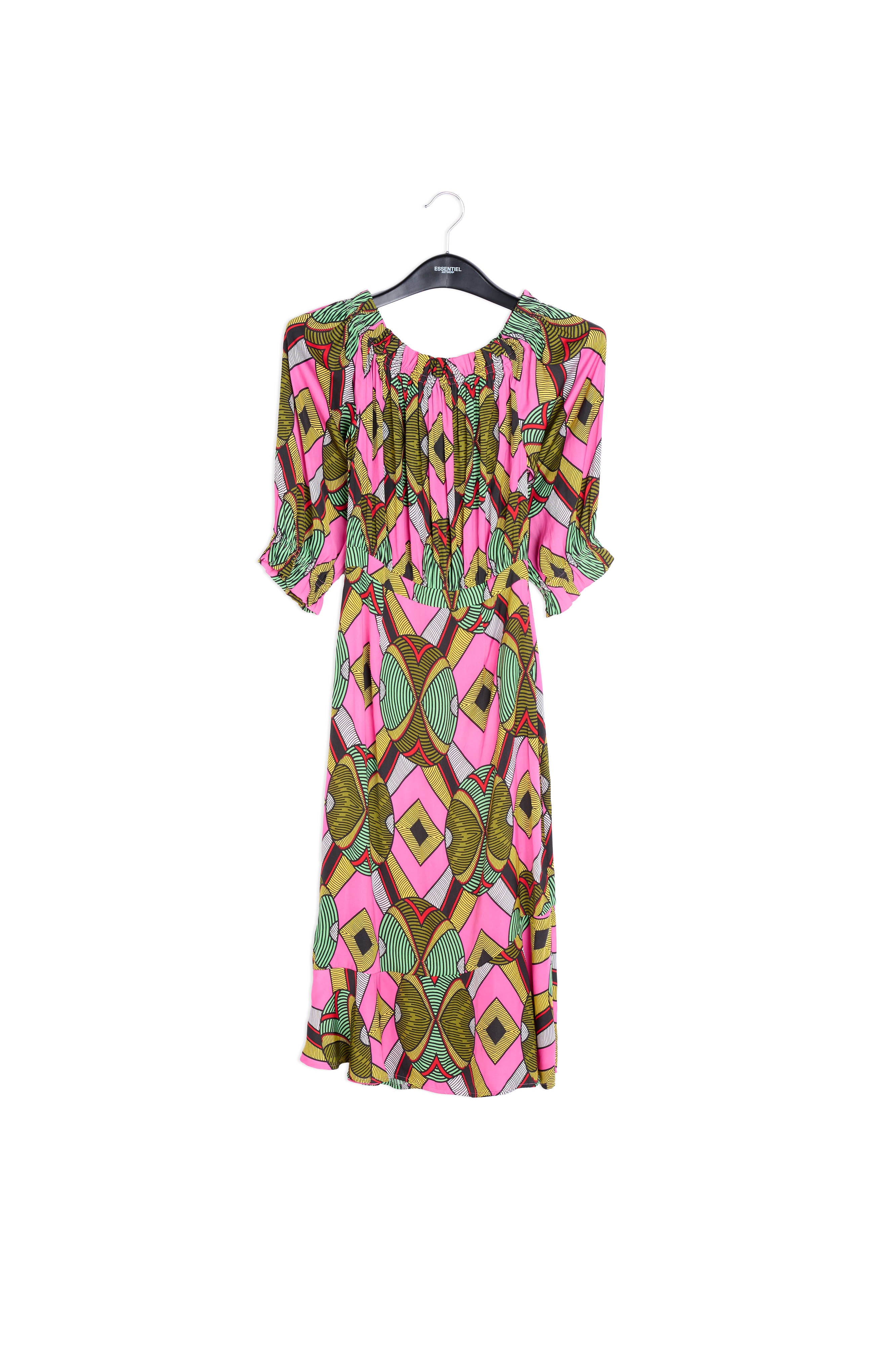 Kleurrijke grafische jurk met blote schouders RE—SSENTIEL | Essentiel second hand