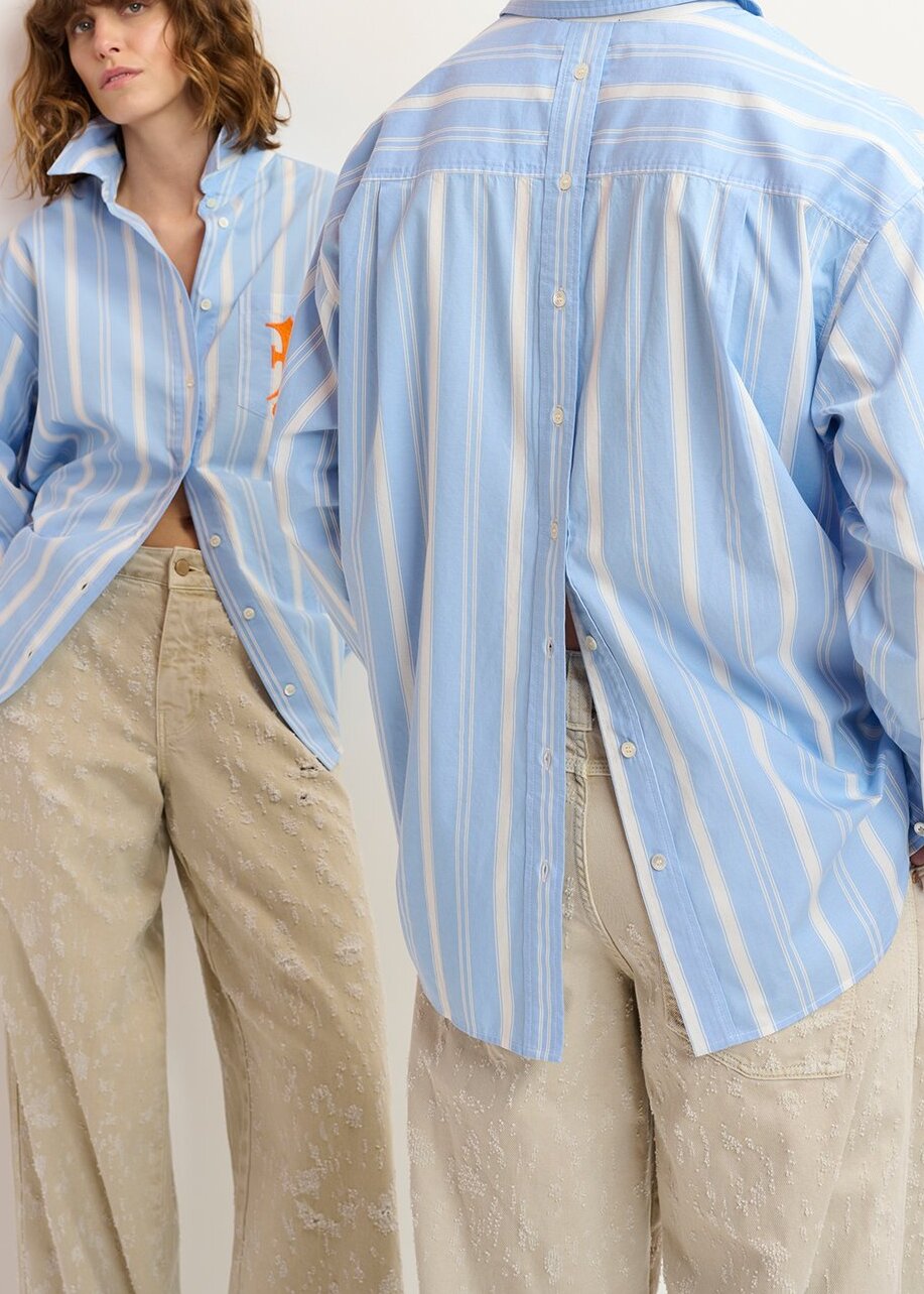 Blue, white and orange striped cotton shirt with 'E' embroidery RE—SSENTIEL | Essentiel second hand