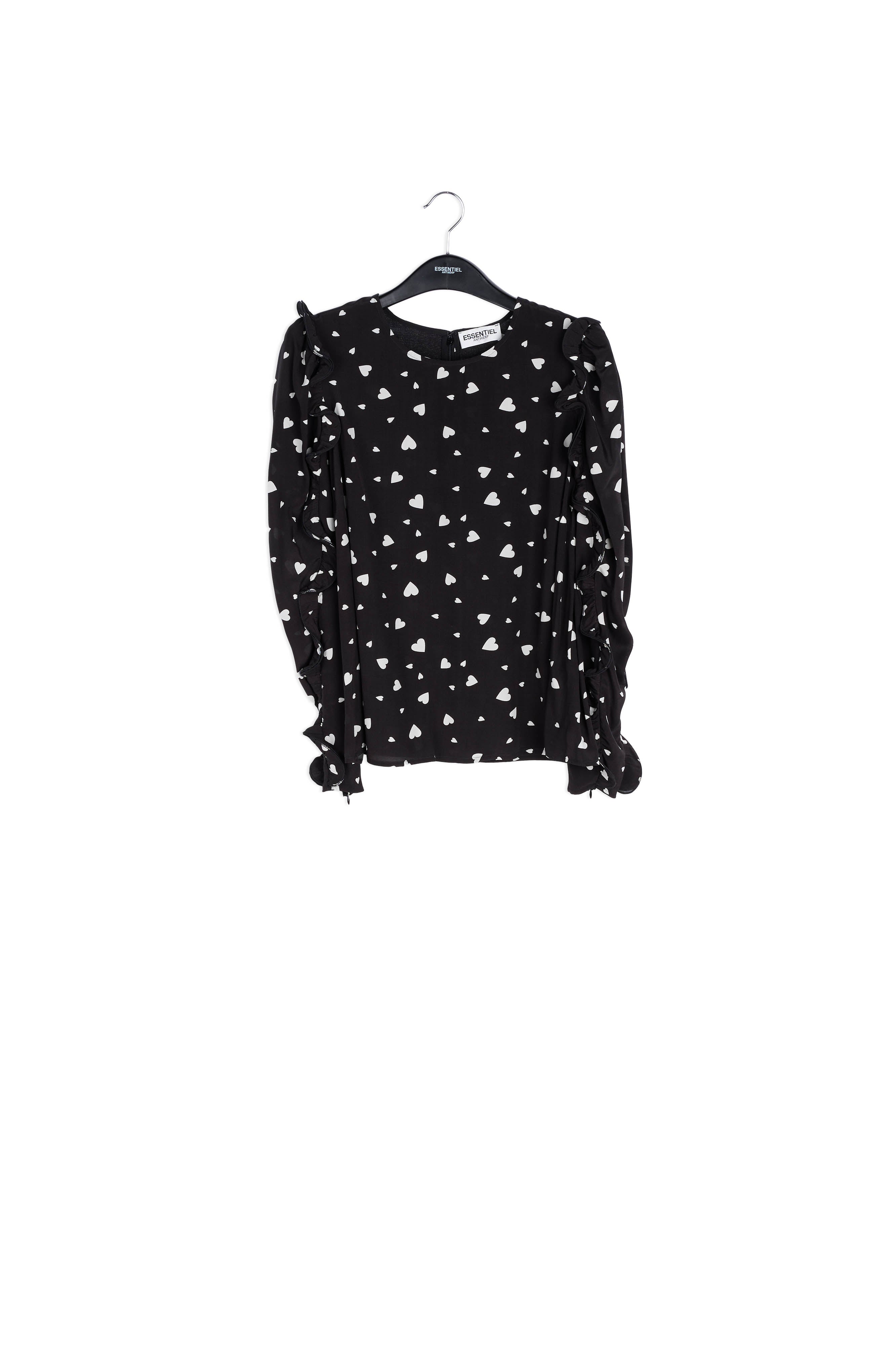 Zwarte top met hartjesprint en ruches RE—SSENTIEL | Essentiel second hand
