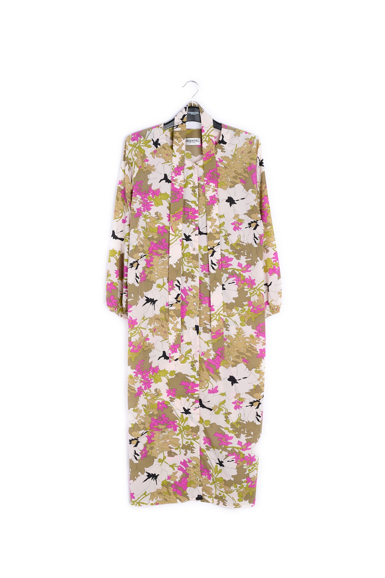 Khaki green, white and pink floral print shirt dress RE—SSENTIEL | Essentiel second hand