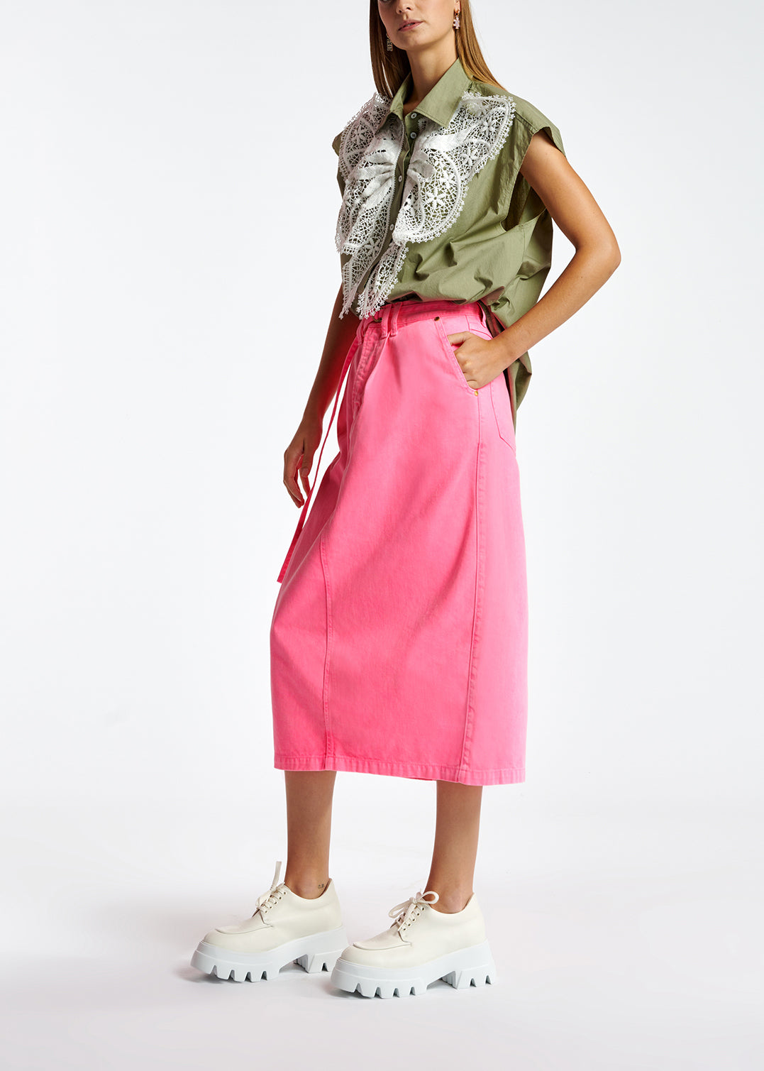 Neon pink high-waisted denim a-line skirt RE—SSENTIEL | Essentiel second hand