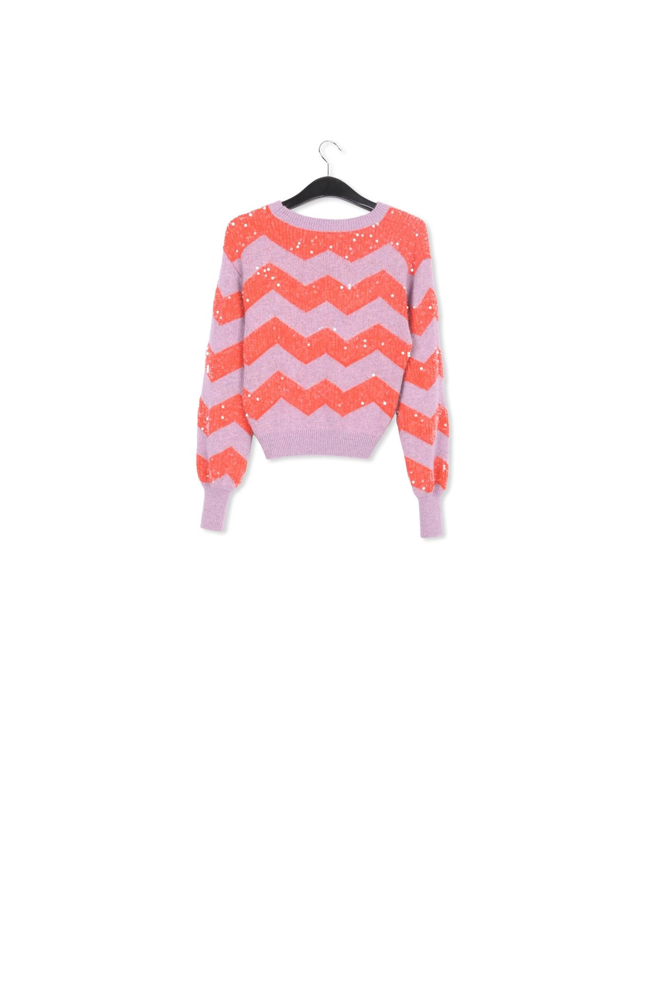 Dark lilac and red chevron jacquard-knit sweater with sequin embroideries RE—SSENTIEL | Essentiel second hand