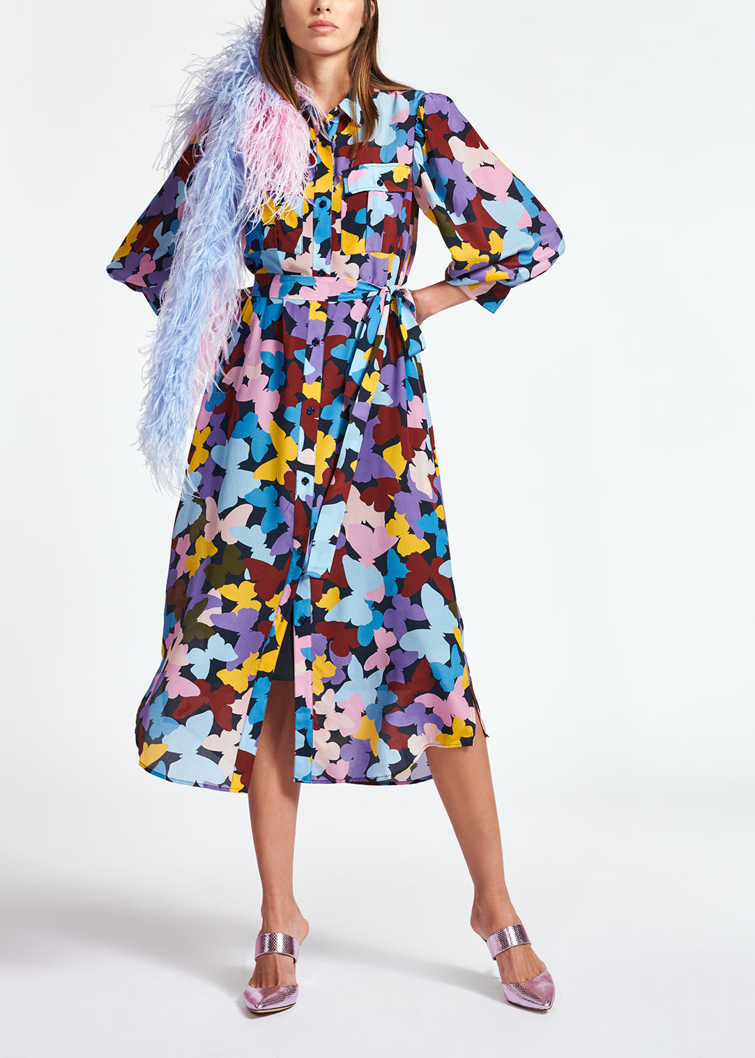 Silk burgundy, lilac and blue butterfly-print midi dress RE—SSENTIEL | Essentiel second hand