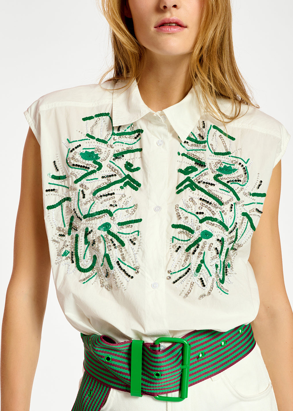 White sequin and rhinestone-embellished sleeveless shirt RE—SSENTIEL | Essentiel second hand