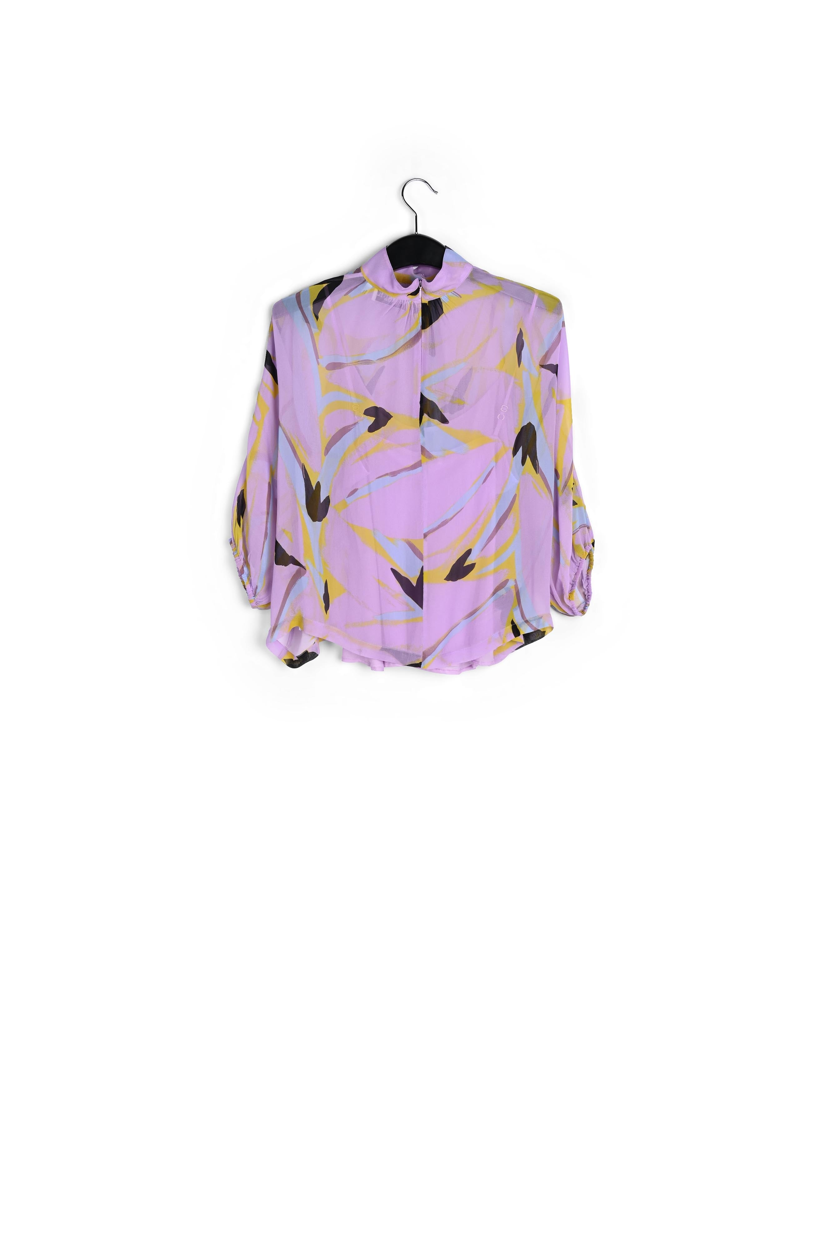 Lila top met abstracte print en pofmouwen RE—SSENTIEL | Essentiel second hand