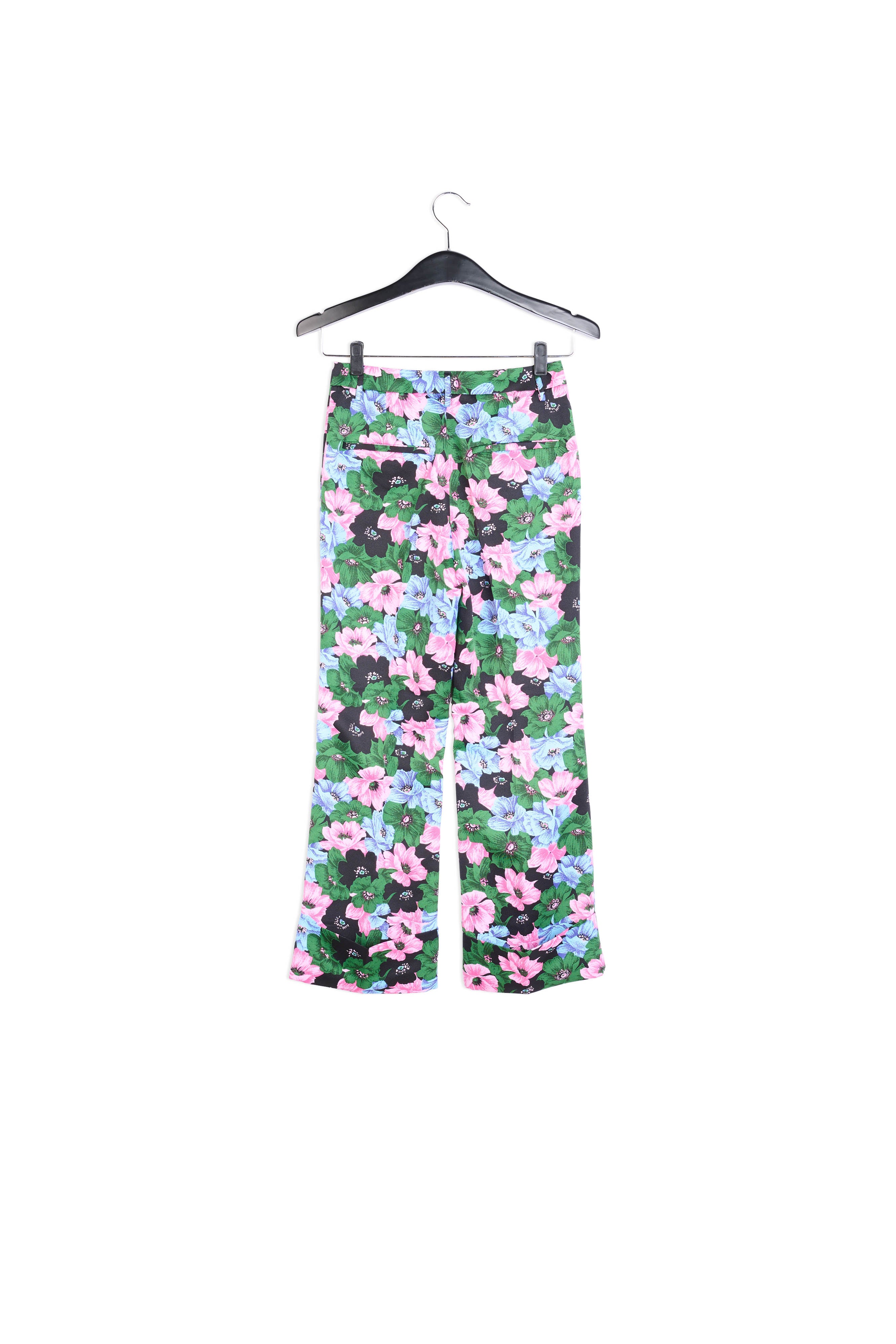 Pantalon tailleur rose, bleu clair et vert bouteille à imprimé fleuri RE—SSENTIEL | Essentiel second hand
