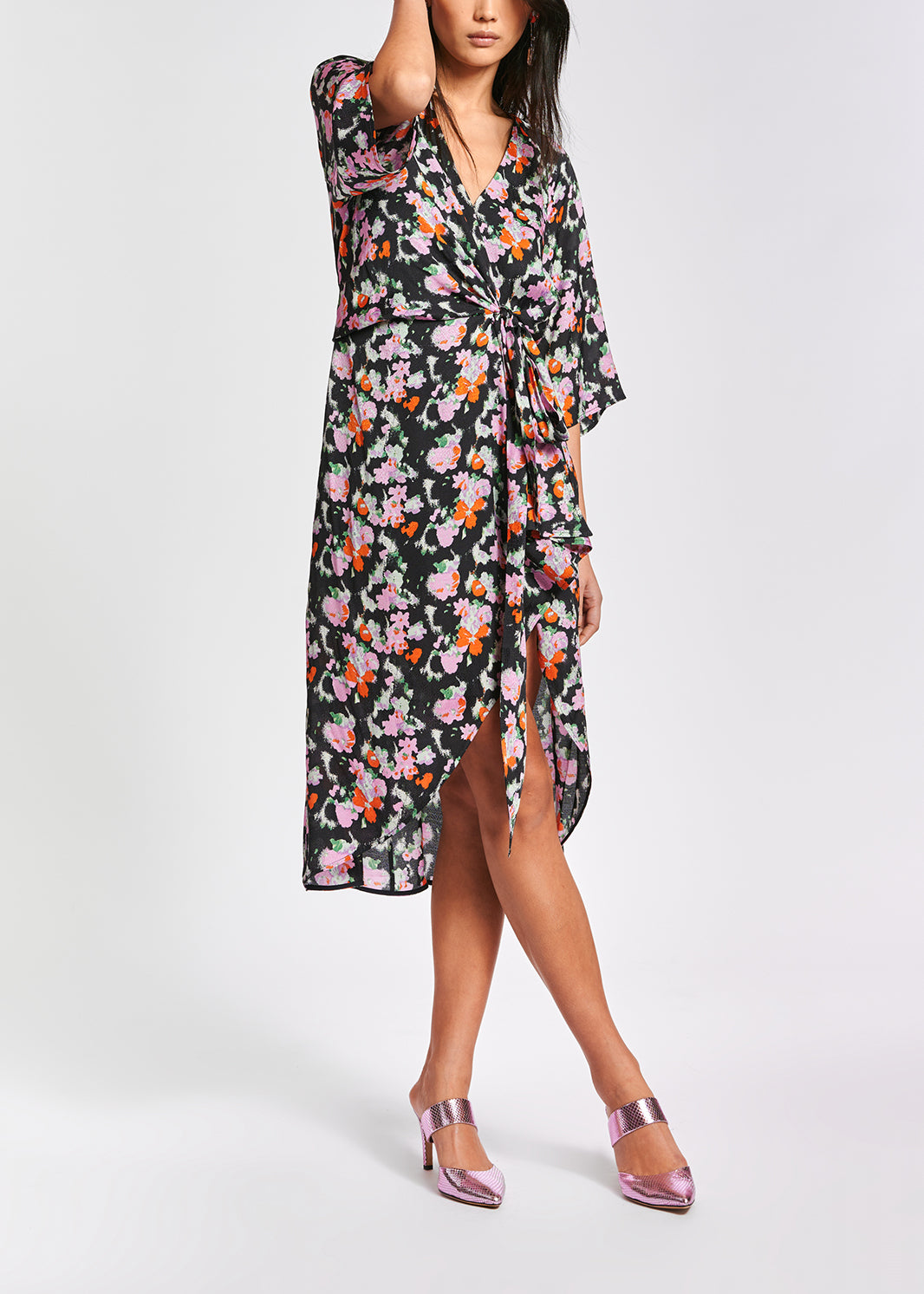 Dark blue midi-length floral print dress RE—SSENTIEL | Essentiel second hand