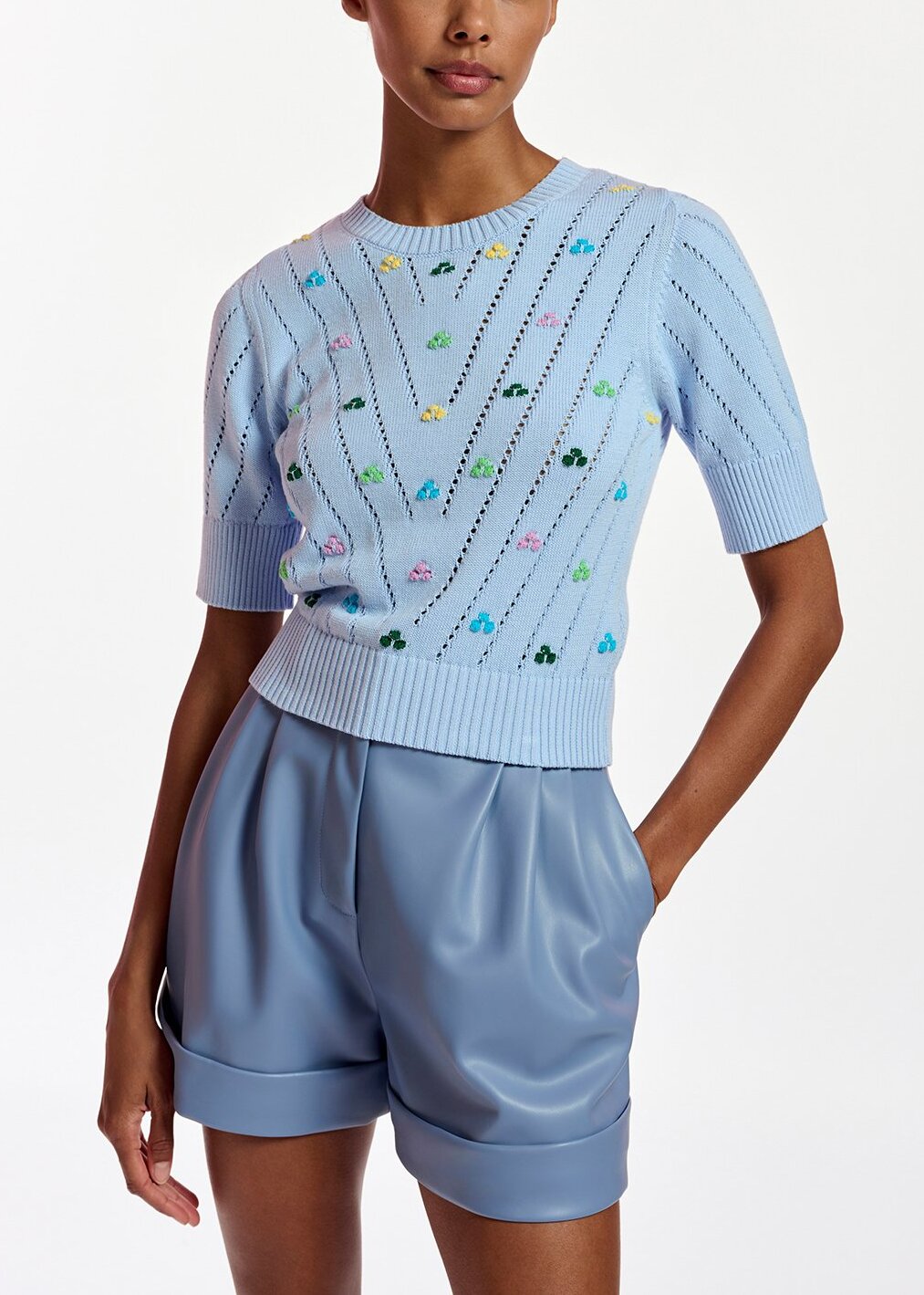 Pull en pointelle bleu clair à broderies RE—SSENTIEL | Essentiel second hand