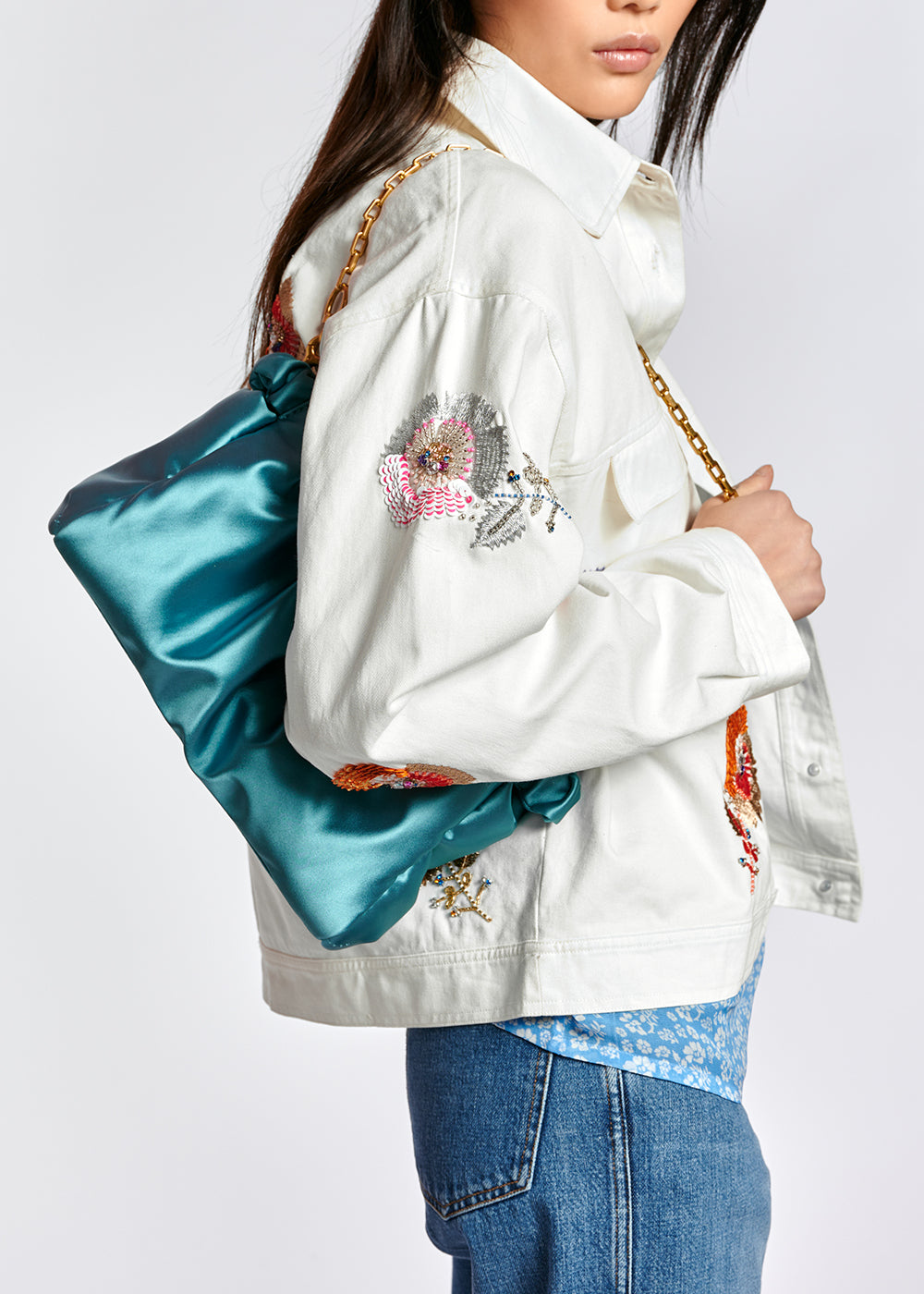 Off-white floral-embroidered cotton denim jacket RE—SSENTIEL | Essentiel second hand