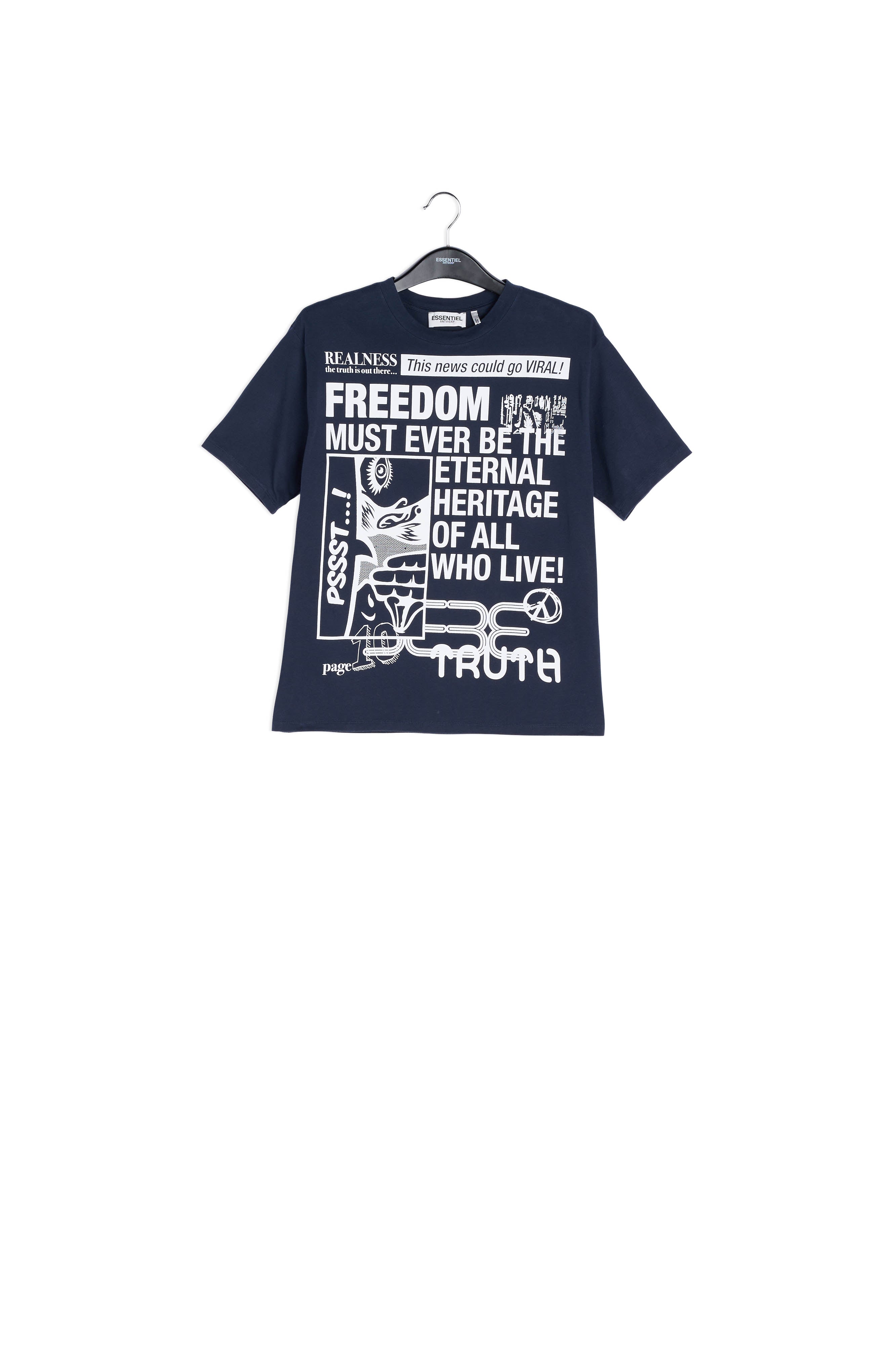 Dark blue 'news'-print cotton t-shirt RE—SSENTIEL | Essentiel second hand