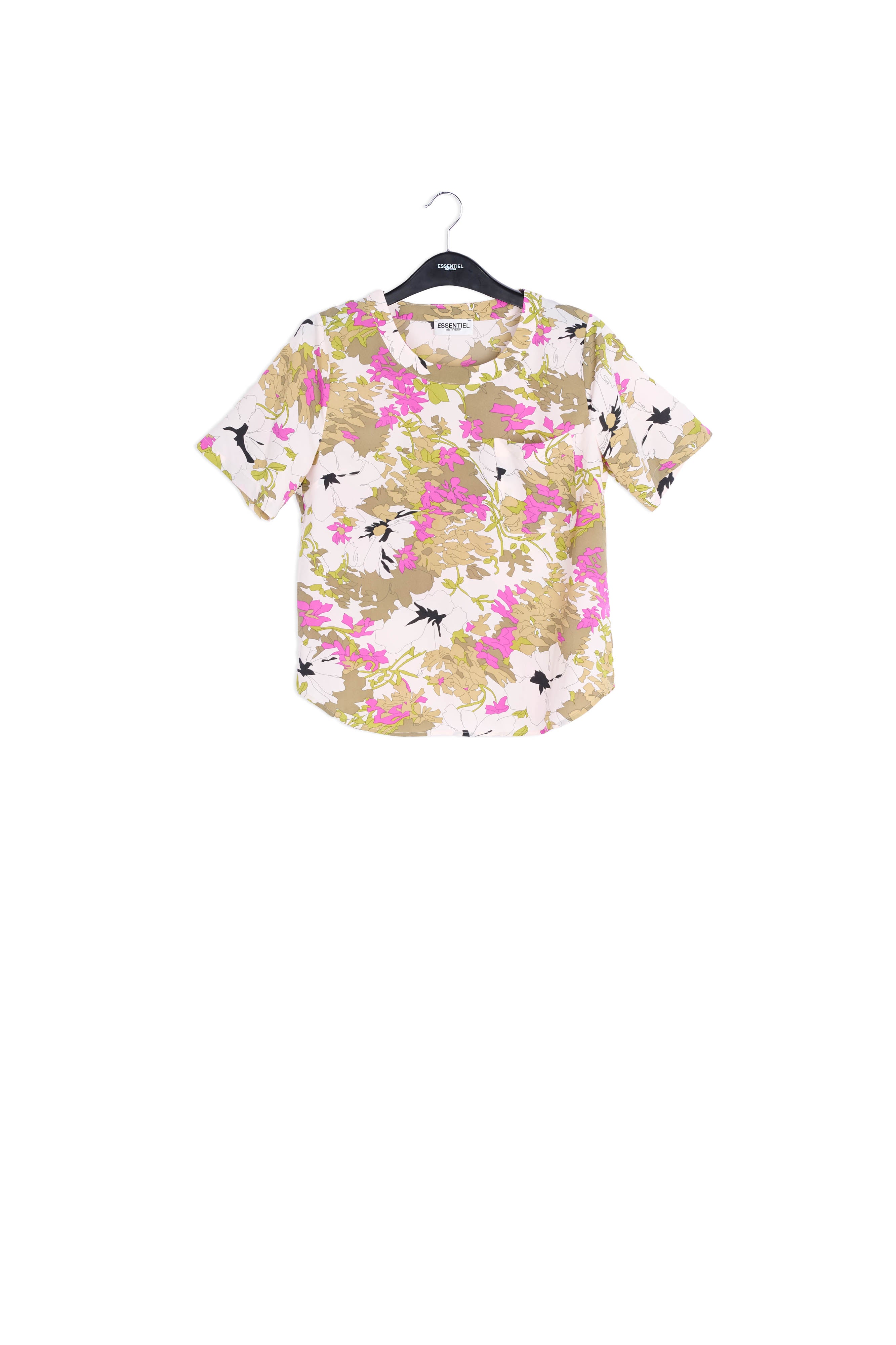 Khaki green, white and pink floral print top RE—SSENTIEL | Essentiel second hand