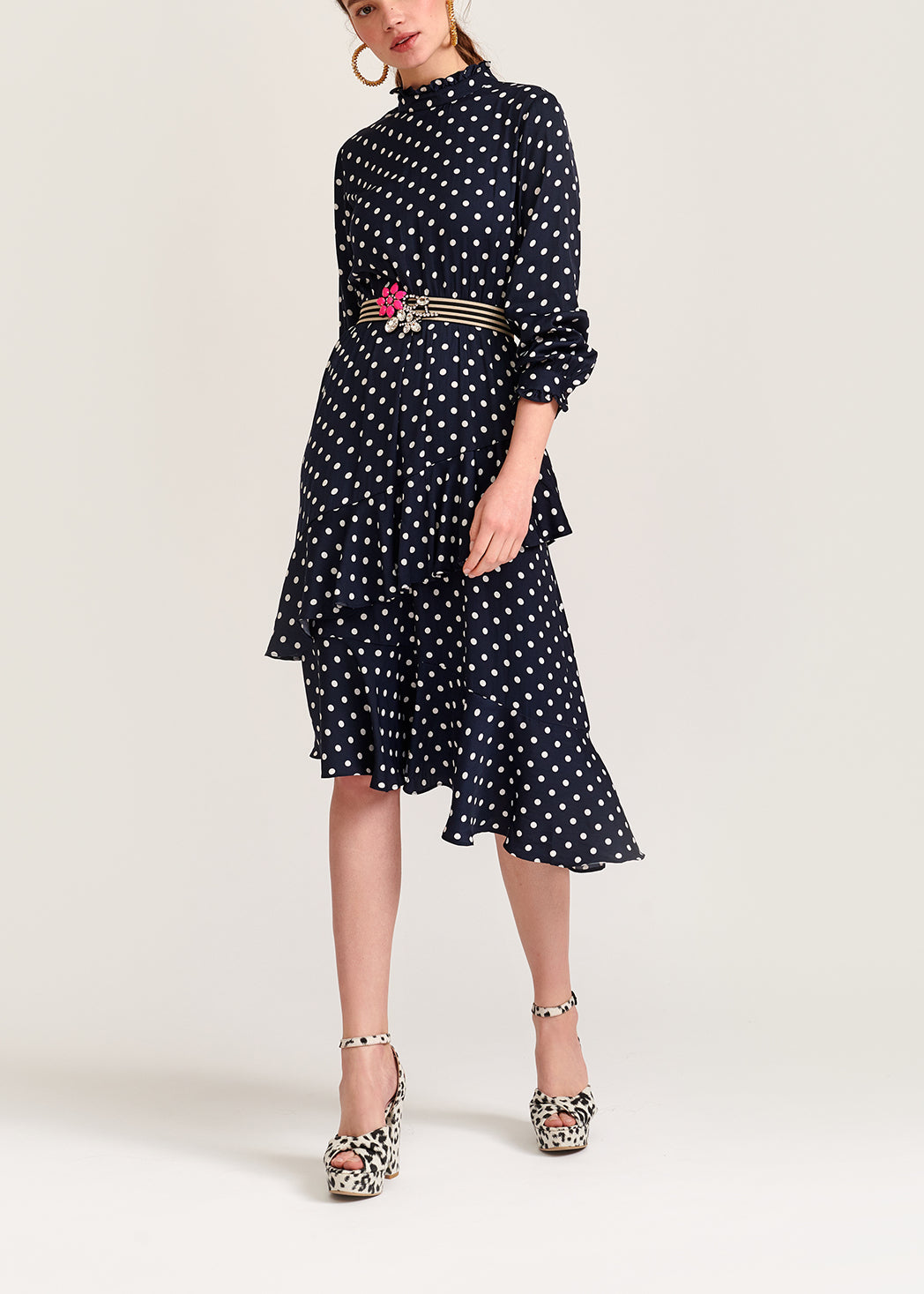 Dark blue polka dot ruffled midi dress RE—SSENTIEL | Essentiel second hand