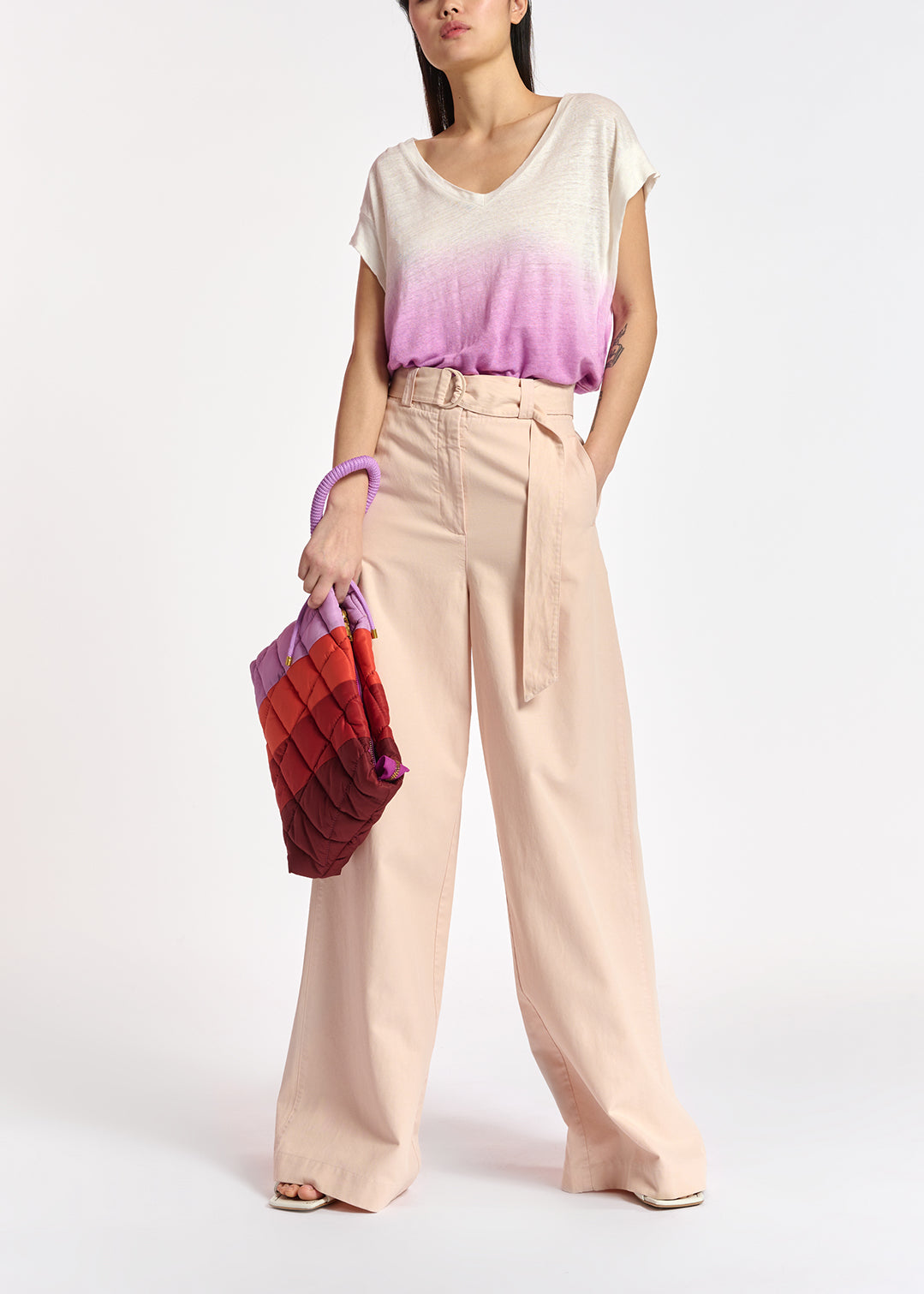 Powder pink belted high-waisted wide-leg jeans RE—SSENTIEL | Essentiel second hand