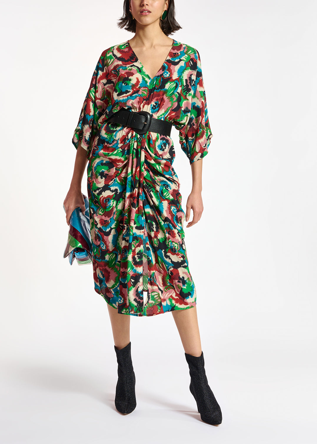 Zwarte kimonojurk met bloemenprint RE—SSENTIEL | Essentiel second hand