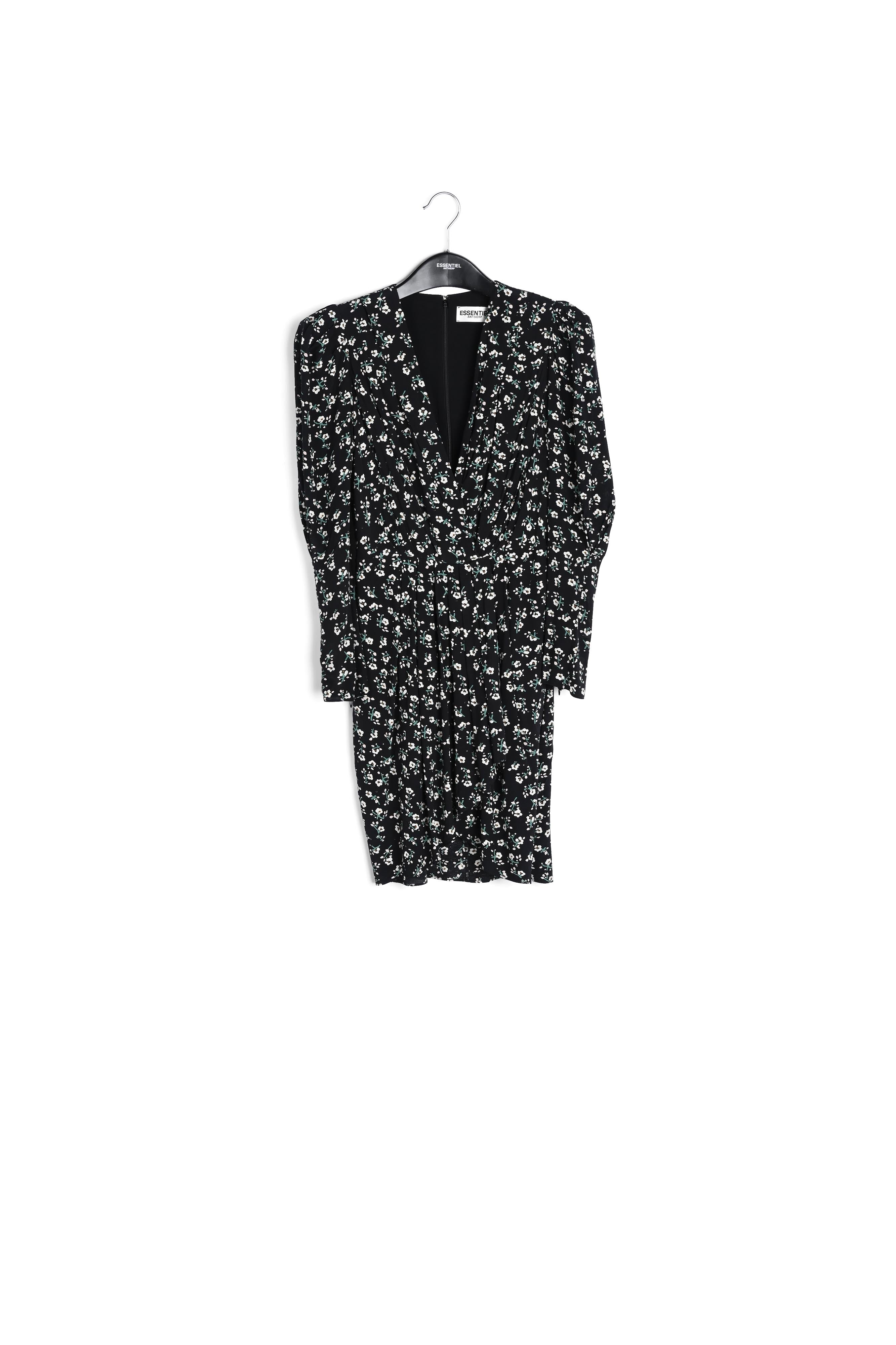 Zwarte miniwikkeljurk met bloemen RE—SSENTIEL | Essentiel second hand