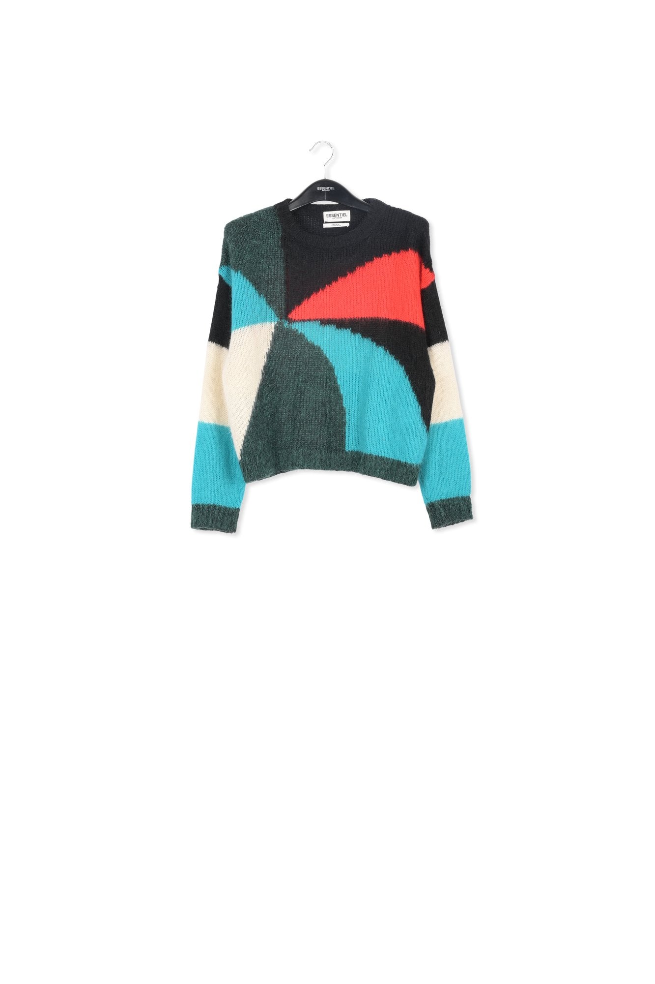 Pull en tricot intarsia vert foncé, bleu et rouge RE—SSENTIEL | Essentiel second hand