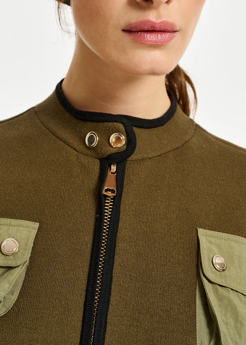 Khaki and off-white utility-inspired knit jacket RE—SSENTIEL | Essentiel second hand