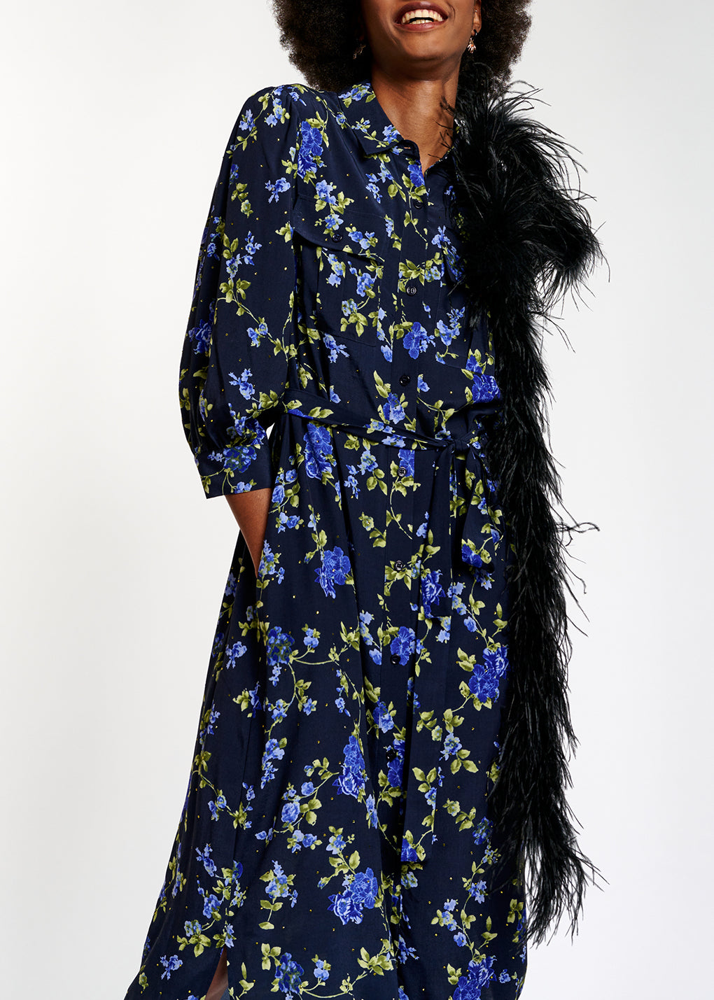 Robe chemise bleu foncé à  imprimé fleuri RE—SSENTIEL | Essentiel second hand