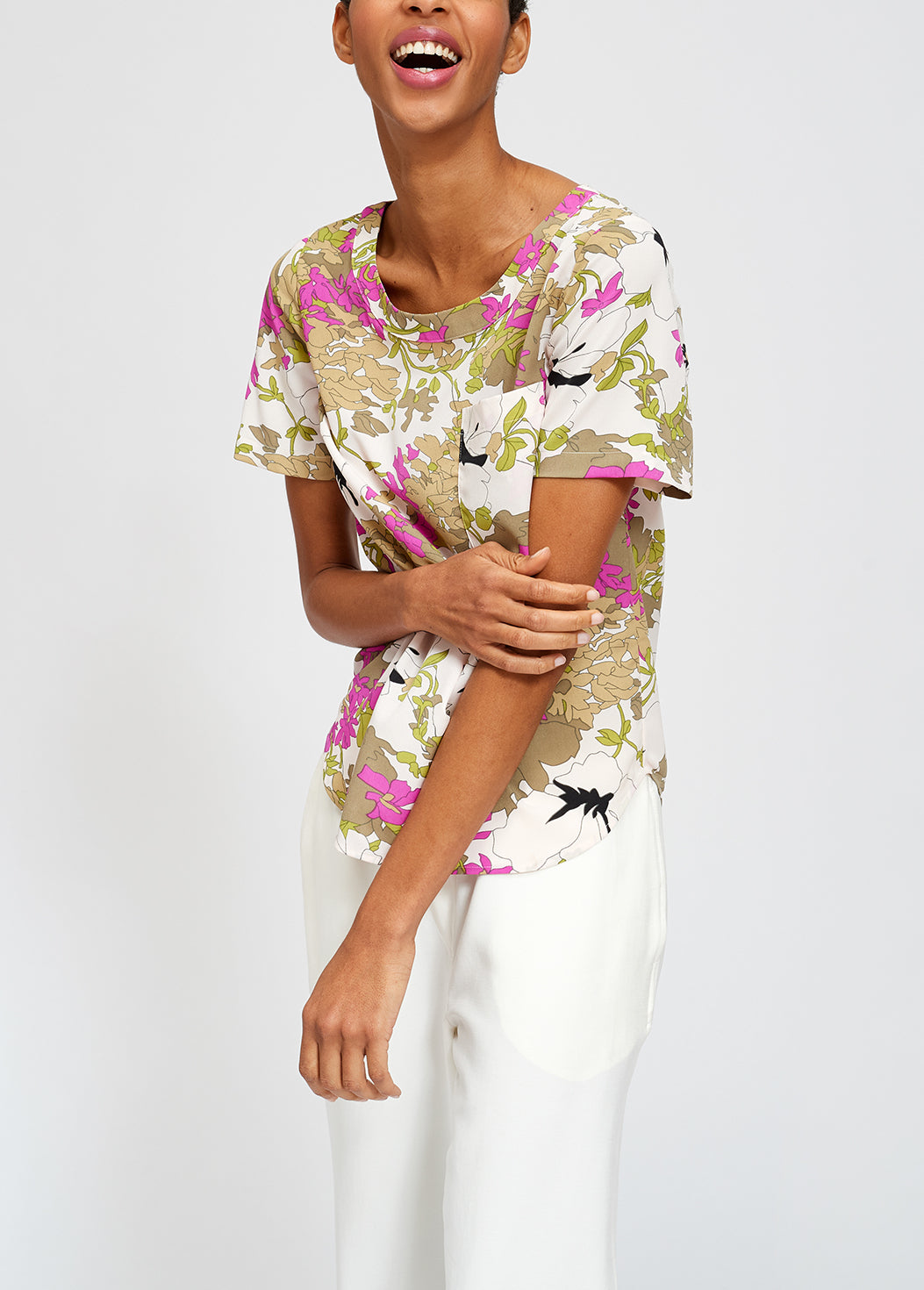 Khaki green, white and pink floral print top RE—SSENTIEL | Essentiel second hand