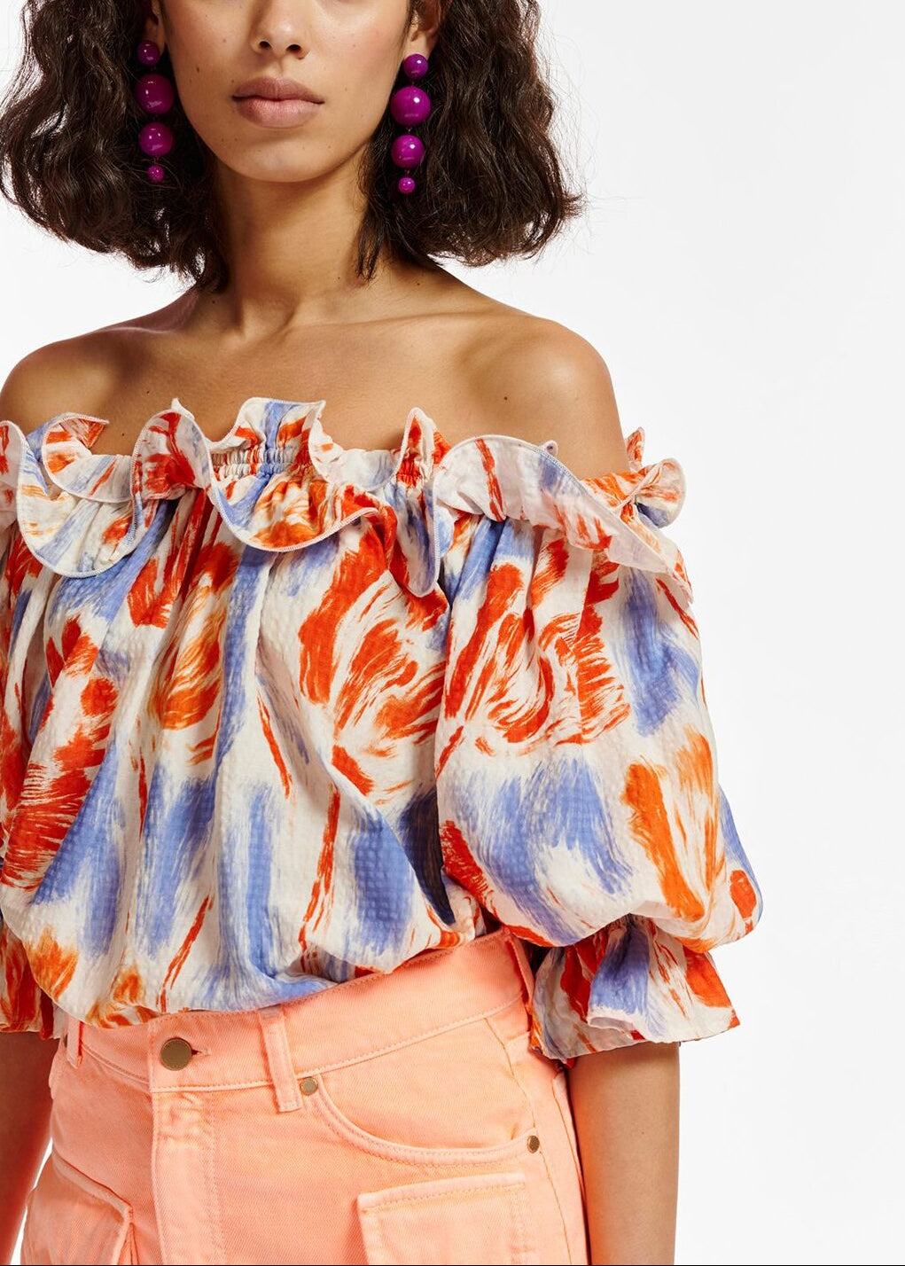 Light blue and orange floral print off-the-shoulder top RE—SSENTIEL | Essentiel second hand