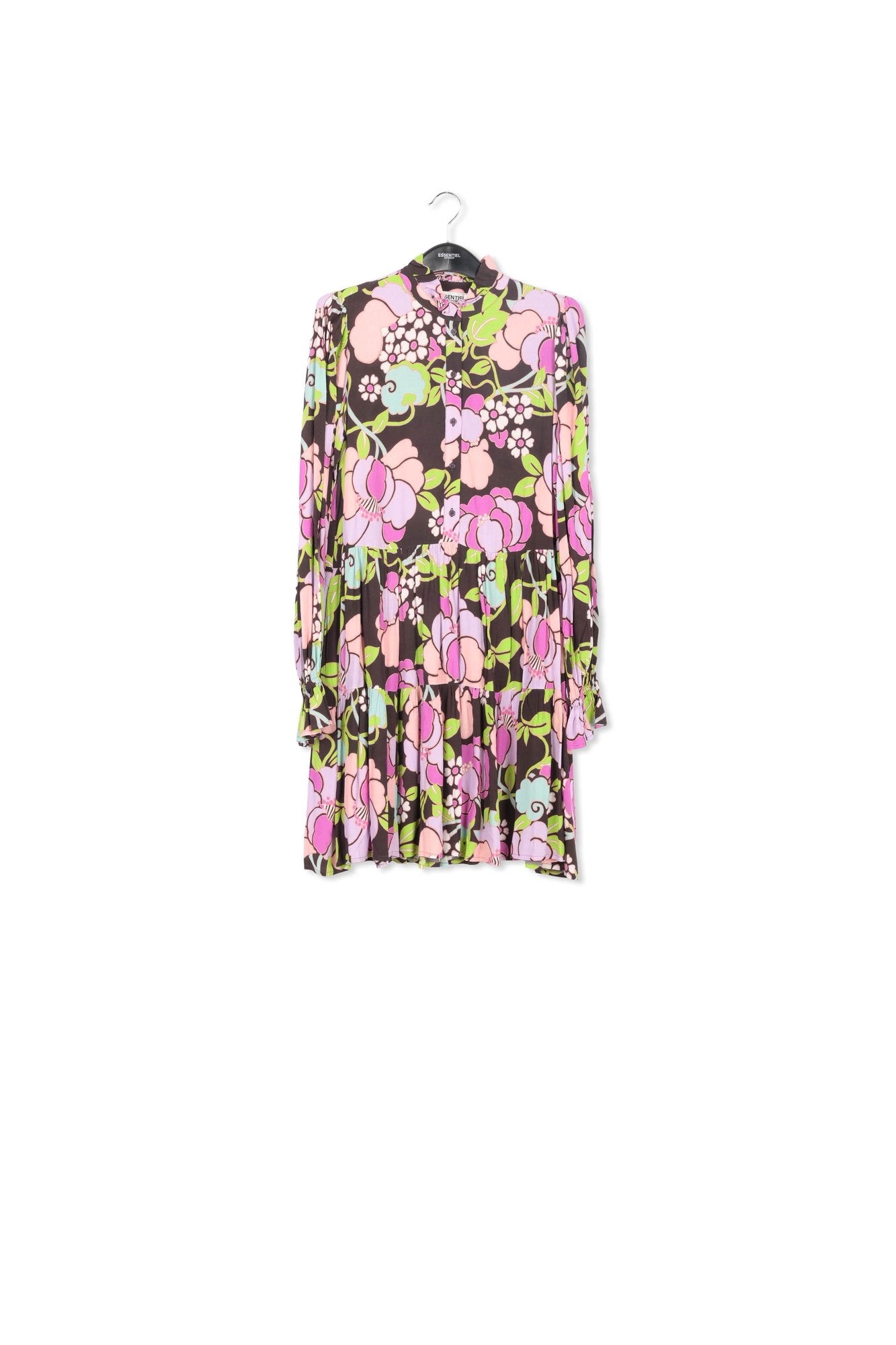 Black tiered mini dress with floral print RE—SSENTIEL | Essentiel second hand
