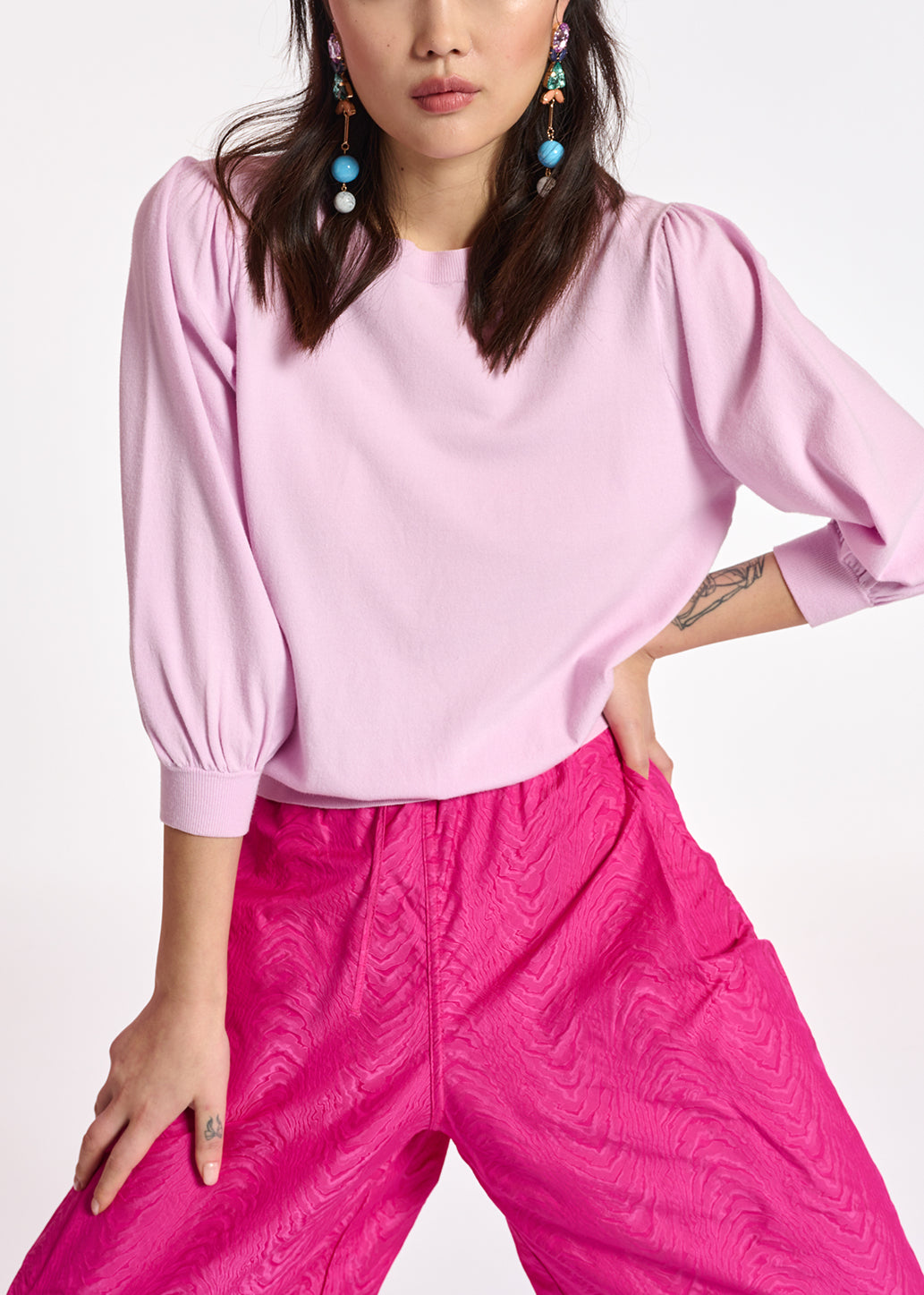 Lilac knit sweater with puffed shoulders RE—SSENTIEL | Essentiel second hand