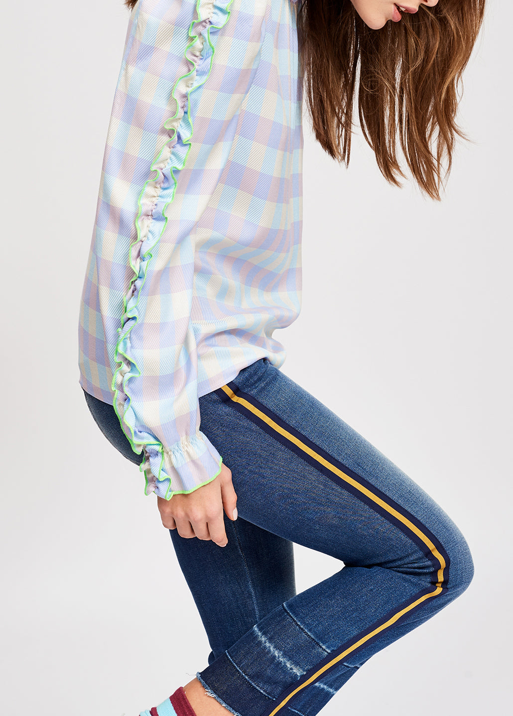 Light blue and purple checked top with ruffled sleeves RE—SSENTIEL | Essentiel second hand