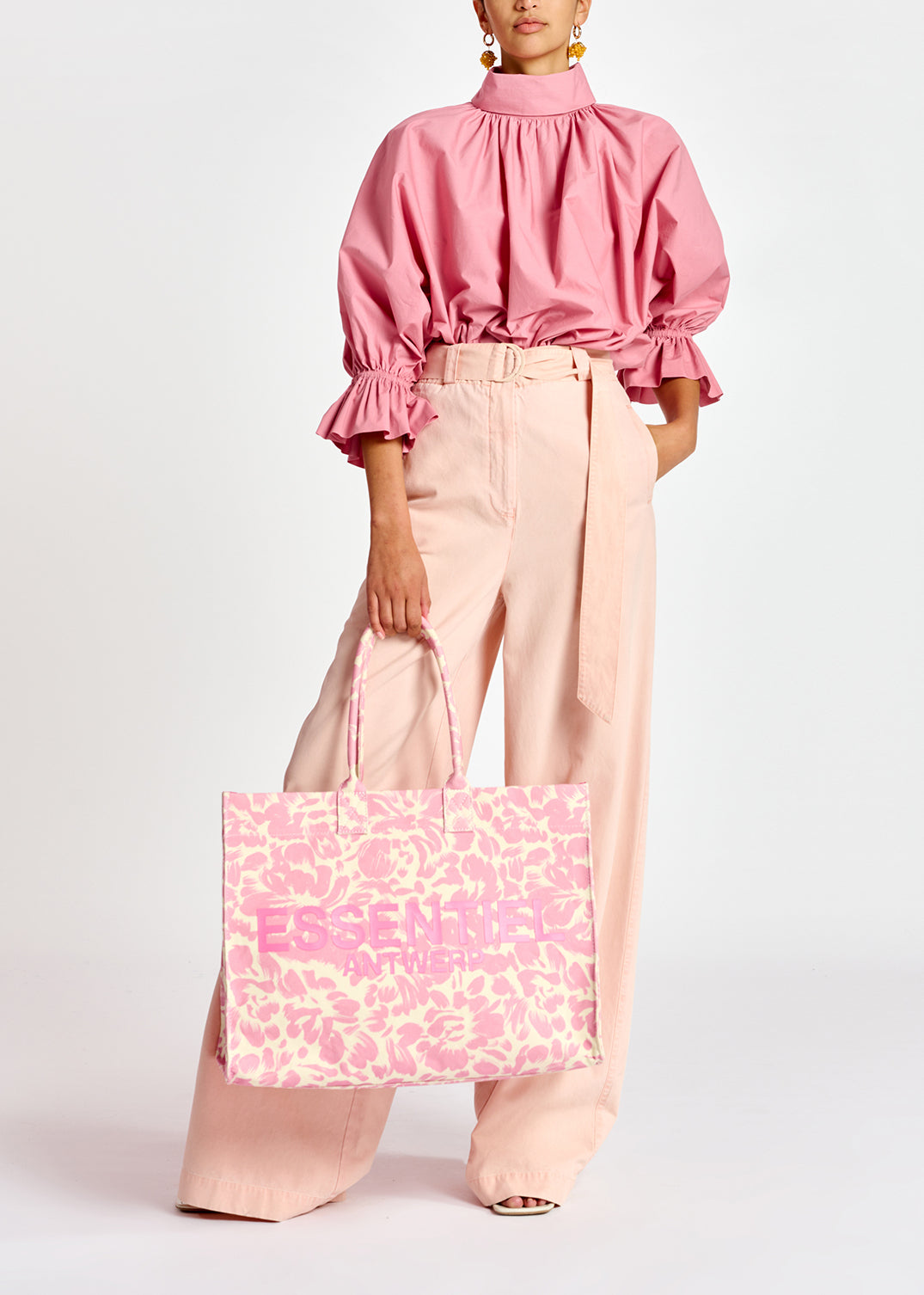 Light pink voluminous cotton top with high collar RE—SSENTIEL | Essentiel second hand