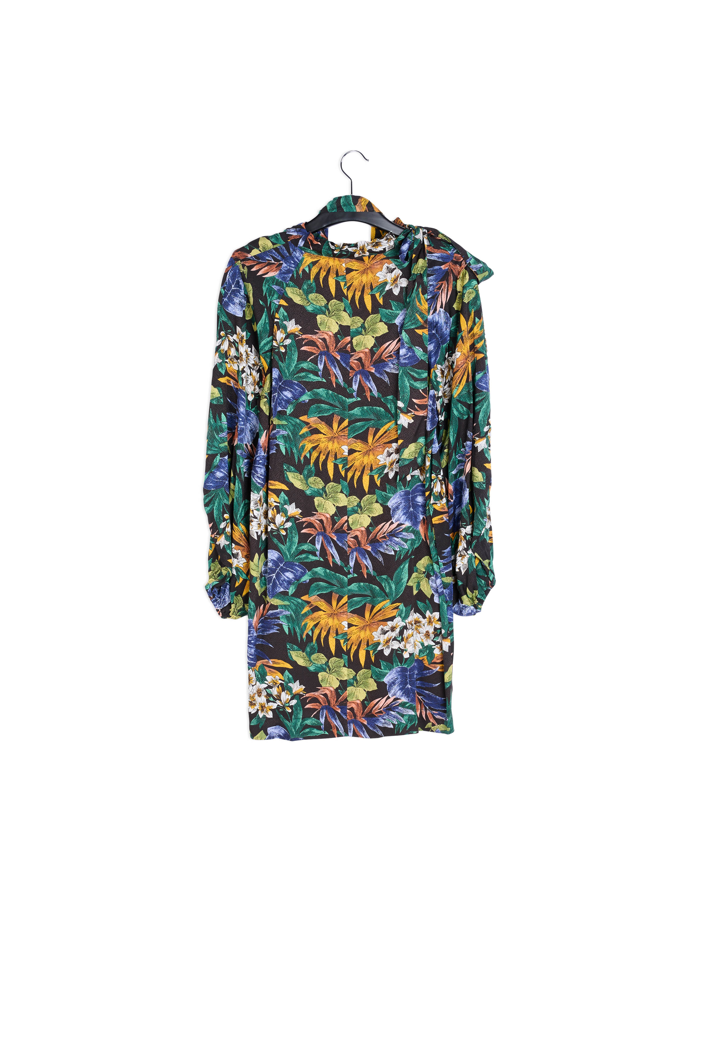 Black floral-print mini dress with pussy-bow RE—SSENTIEL | Essentiel second hand