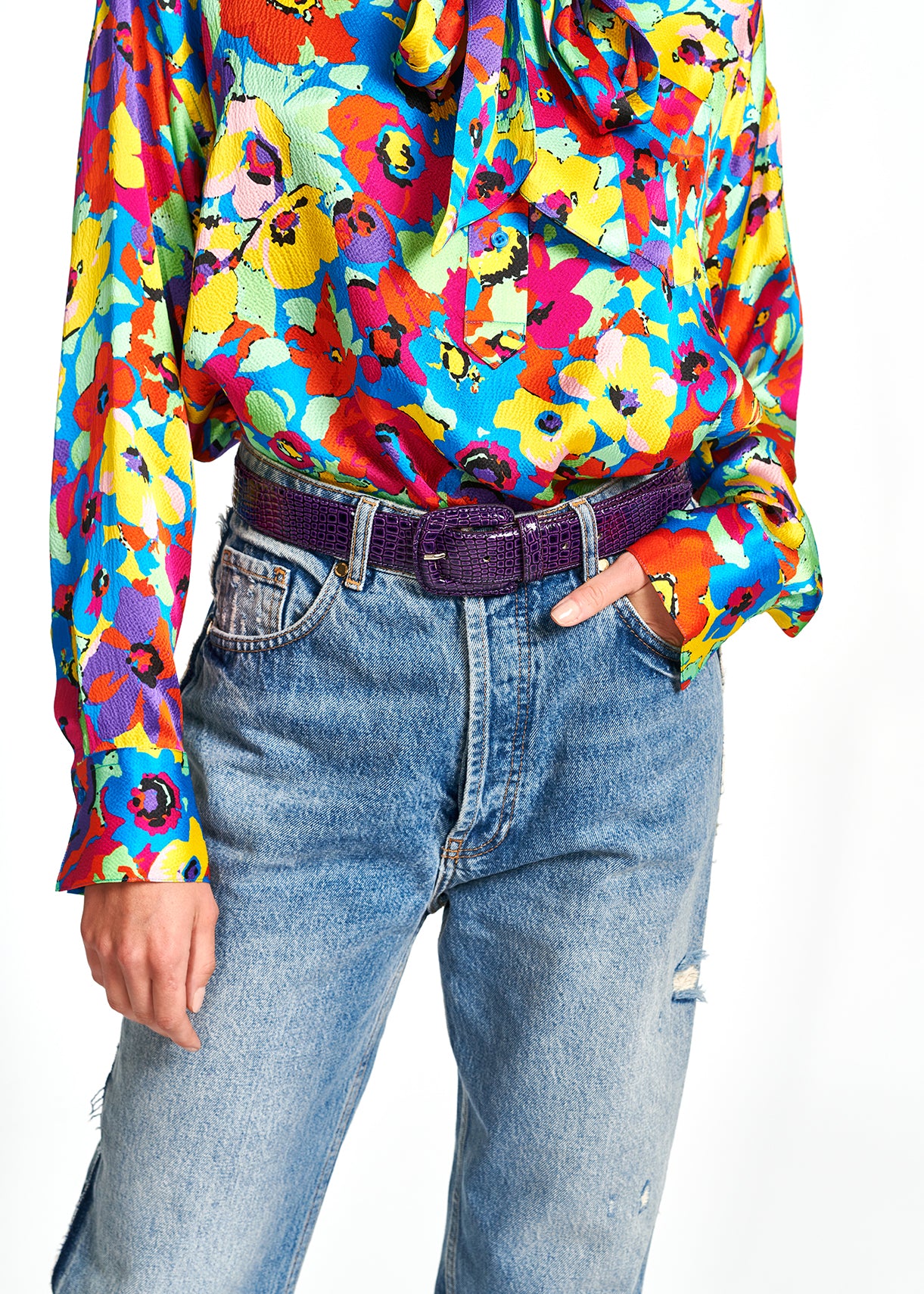 Turquoise multifloral silk bowtie shirt RE—SSENTIEL | Essentiel second hand