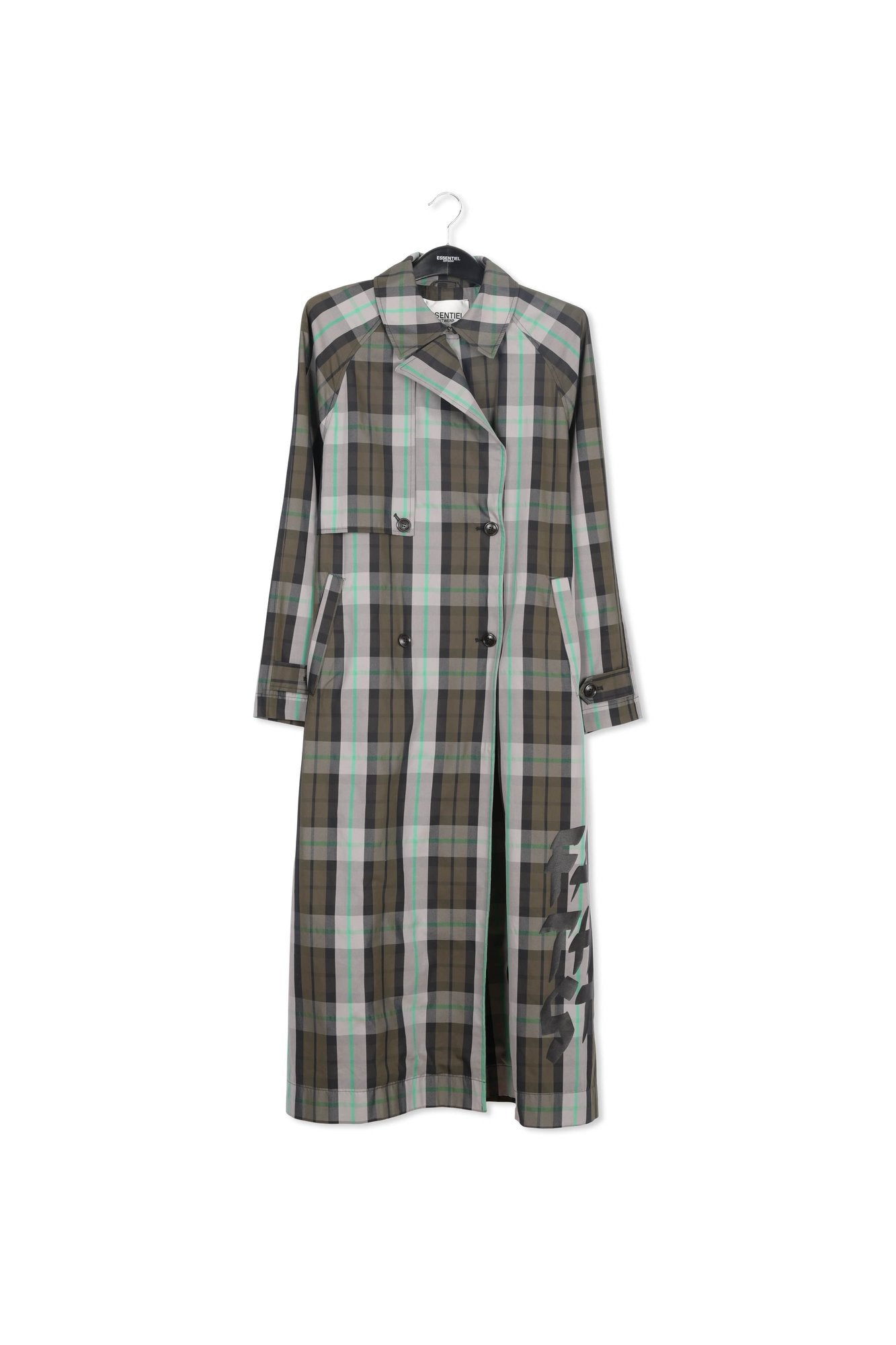 Trench à carreaux kaki, gris et noir RE—SSENTIEL | Essentiel second hand
