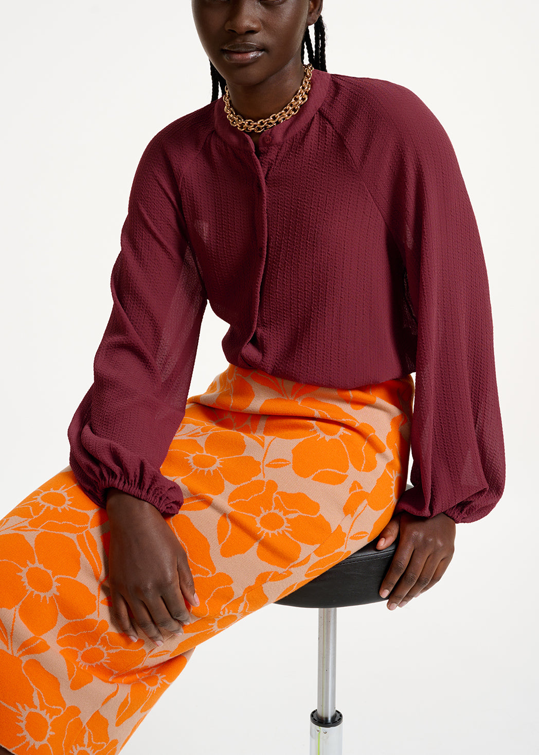 Beige and orange floral jacquard-knit midi skirt RE—SSENTIEL | Essentiel second hand