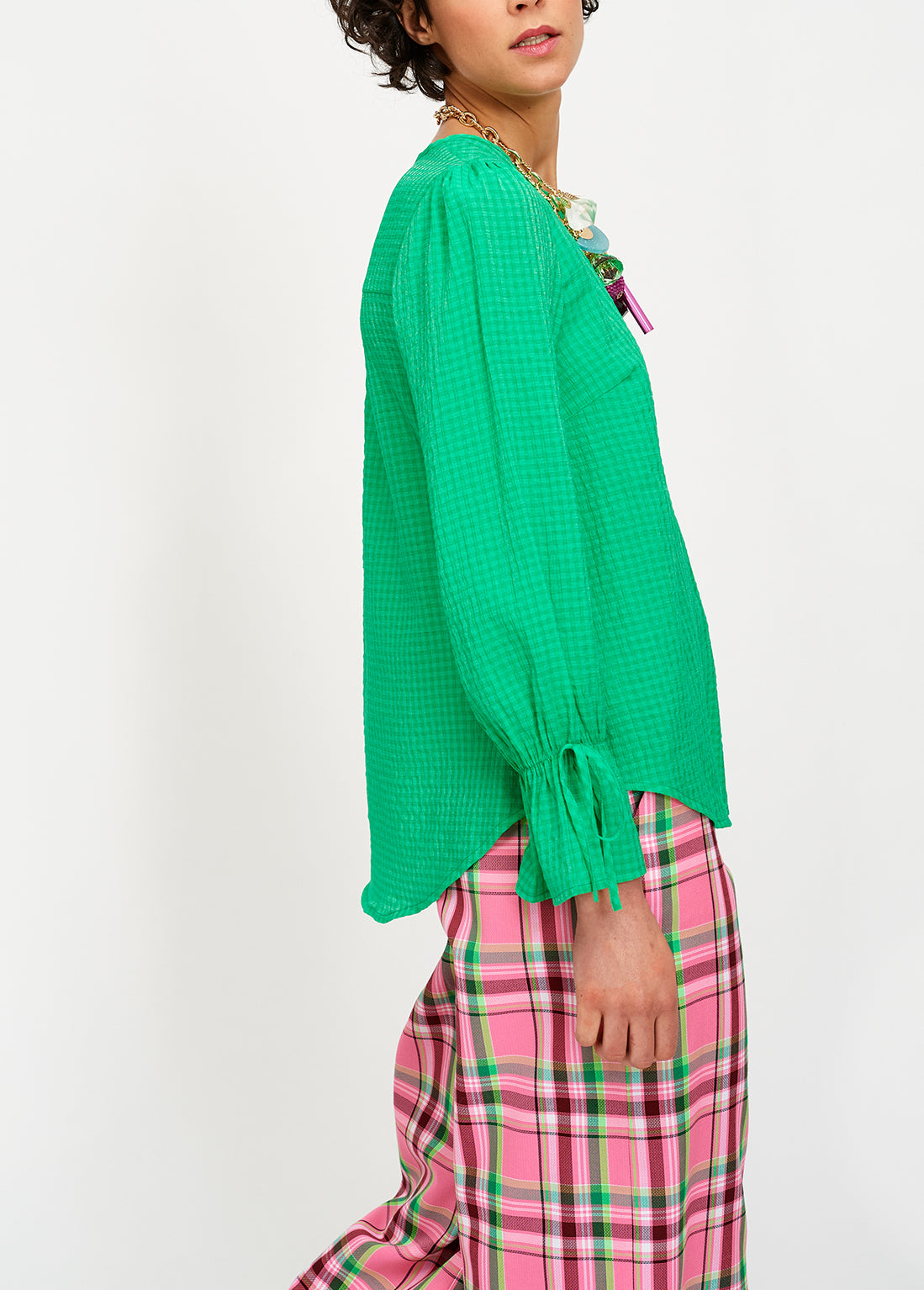 Green top with puffled sleeves and drawstring cuffs RE—SSENTIEL | Essentiel second hand