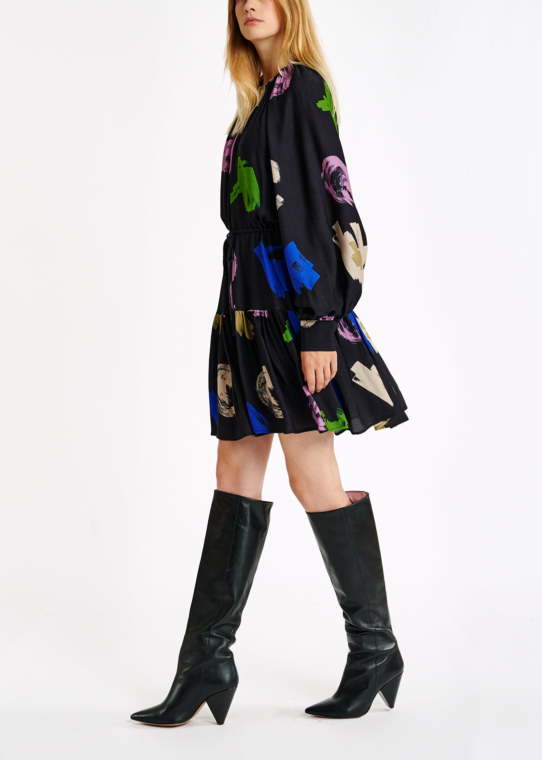 Dark blue, lilac and off-white graphic print mini dress RE—SSENTIEL | Essentiel second hand