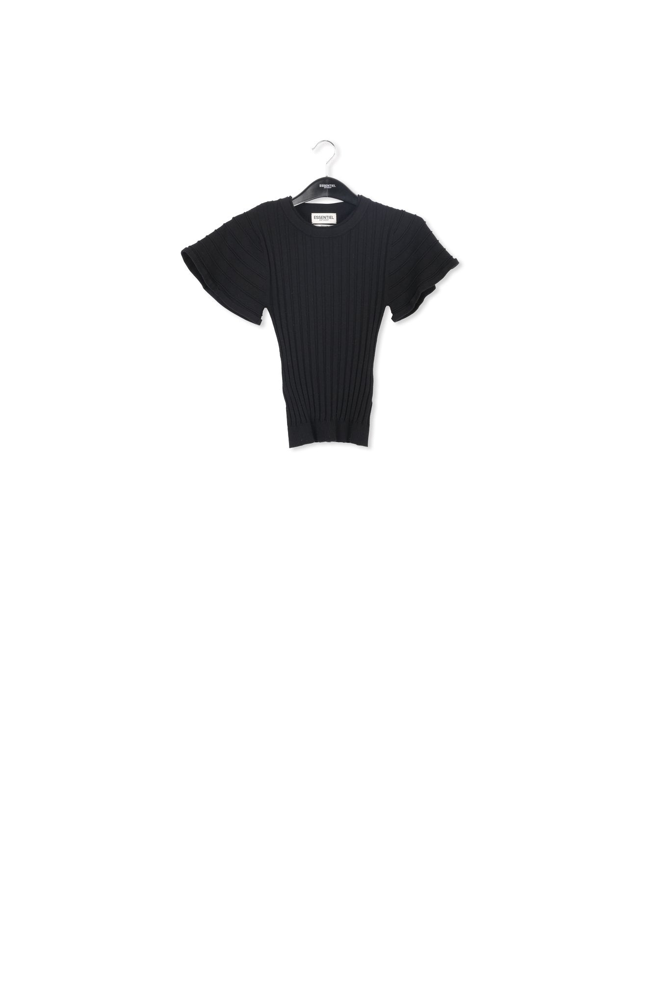 Black rib-knitted top with flared short sleeves RE—SSENTIEL | Essentiel second hand