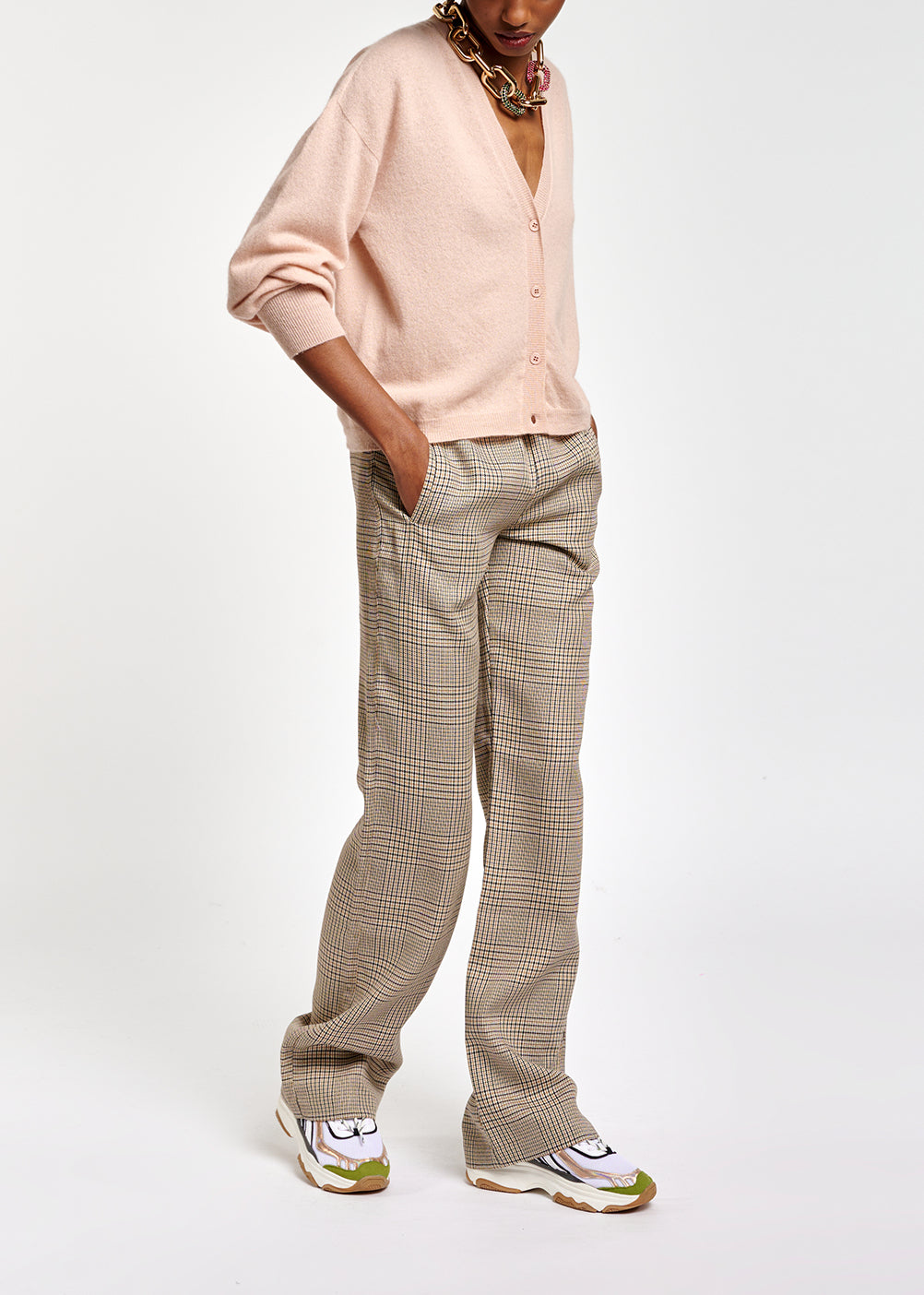 Beige geruite broek met wijde pijpen RE—SSENTIEL | Essentiel second hand