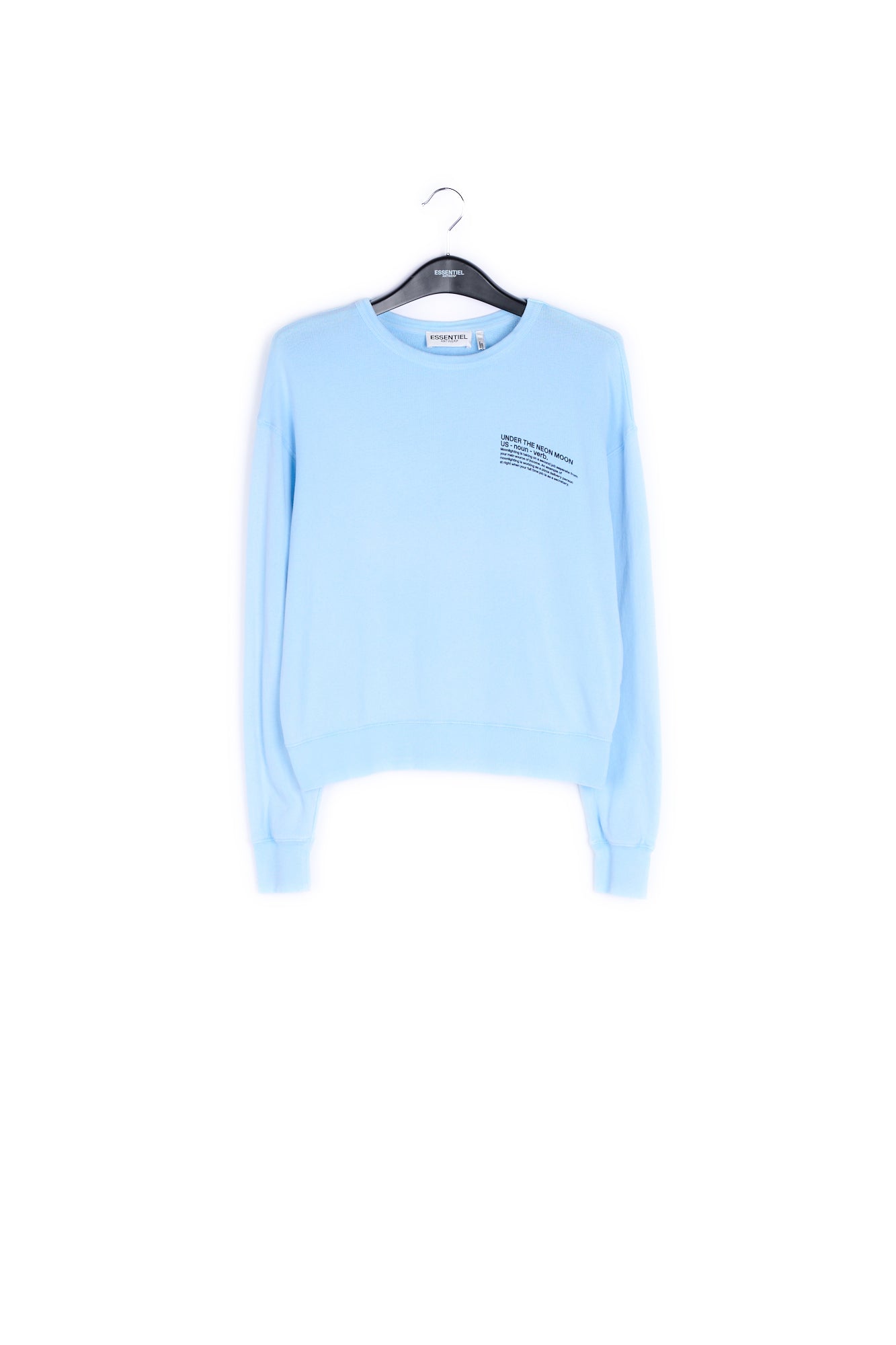 Light blue cotton sweatshirt with orange UNDER THE NEON MOON print RE—SSENTIEL | Essentiel second hand