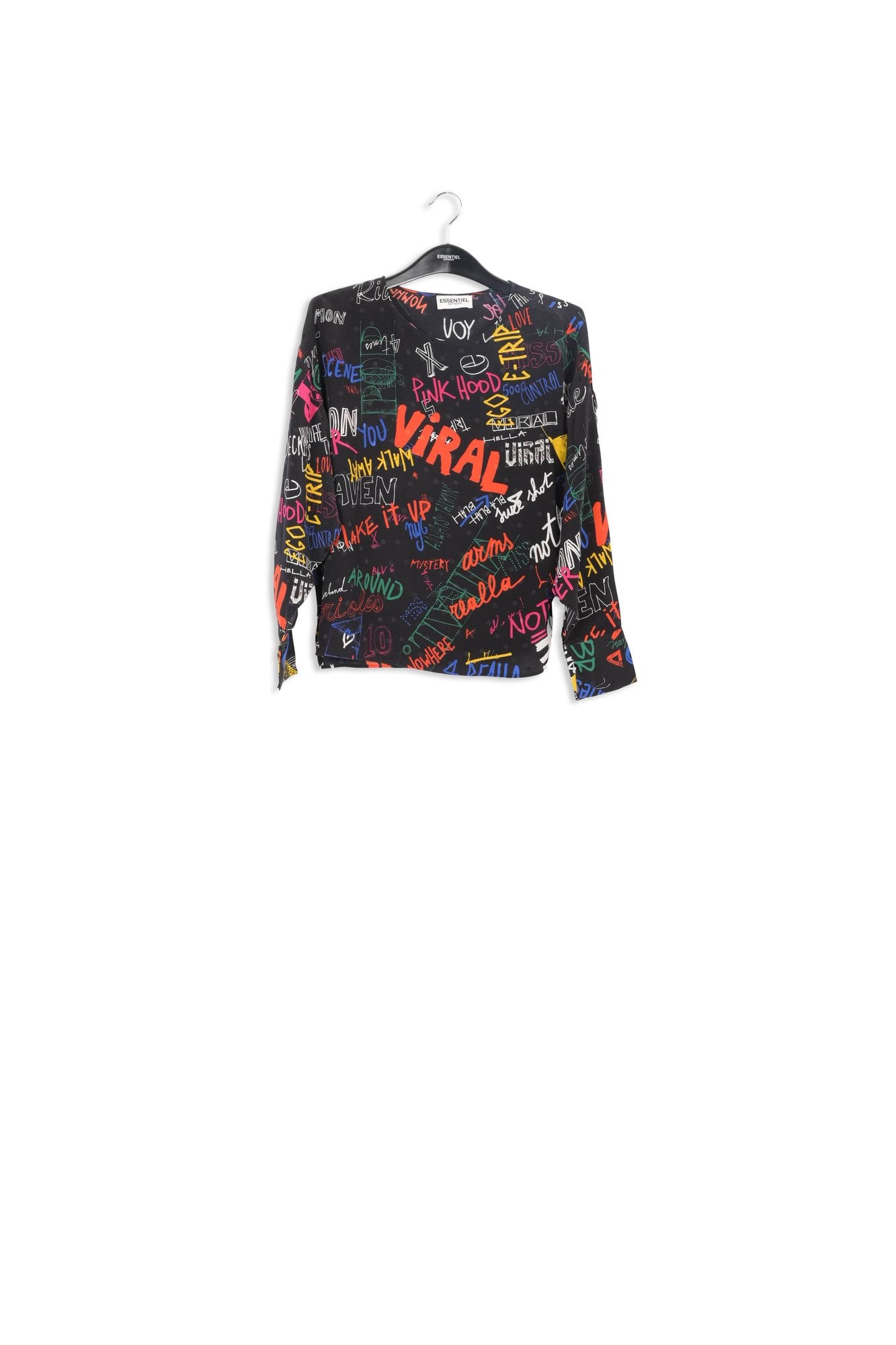 Black silk top with colorful tekst print RE—SSENTIEL | Essentiel second hand