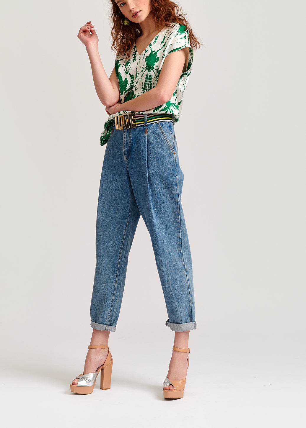 Gebroken witte en groene tie-dyed zijden top RE—SSENTIEL | Essentiel second hand