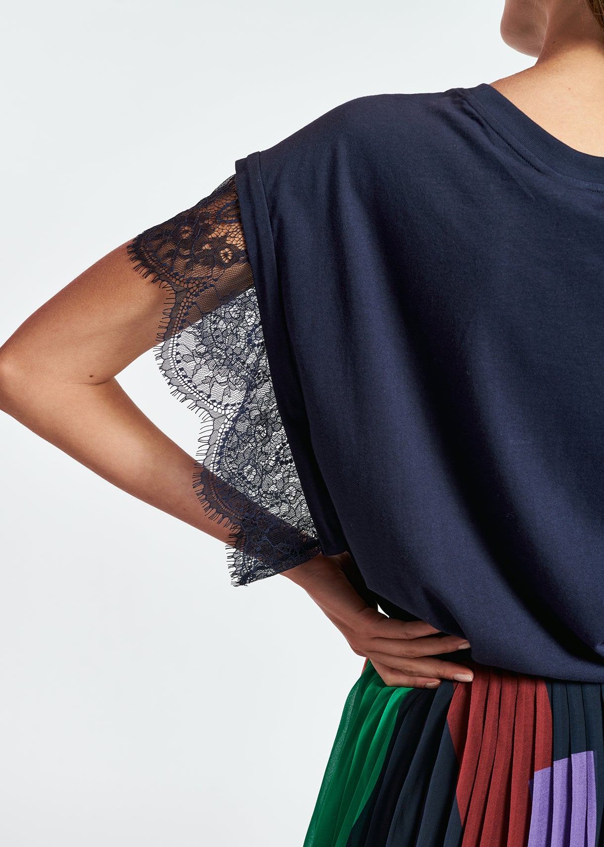 Dark blue organic cotton T-shirt with lace RE—SSENTIEL | Essentiel second hand