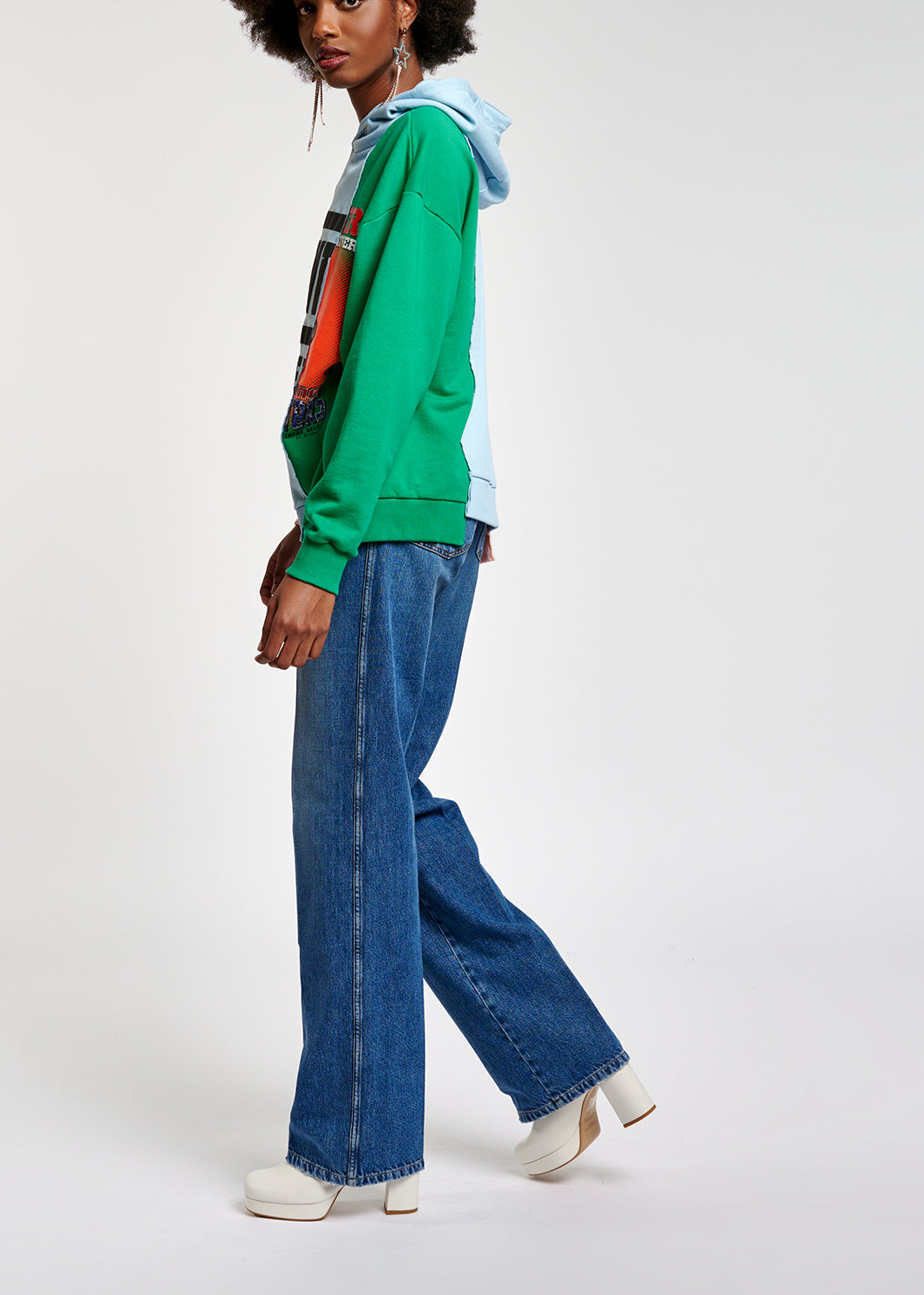 Light blue, pink and green patchwork hooded sweatshirt RE—SSENTIEL | Essentiel second hand